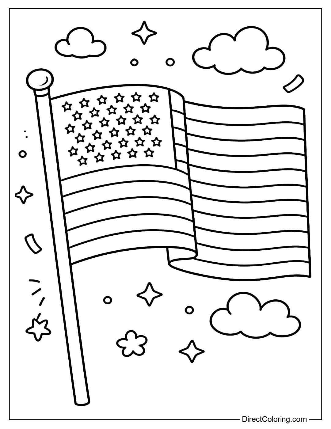 A coloring page of a memorial day flag, surrounded by clouds and stars.