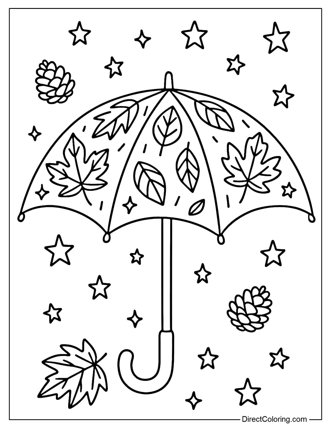 Autumn Umbrella Coloring Page A leaf-patterned umbrella coloring page, surrounded by star and pine cone patterns.