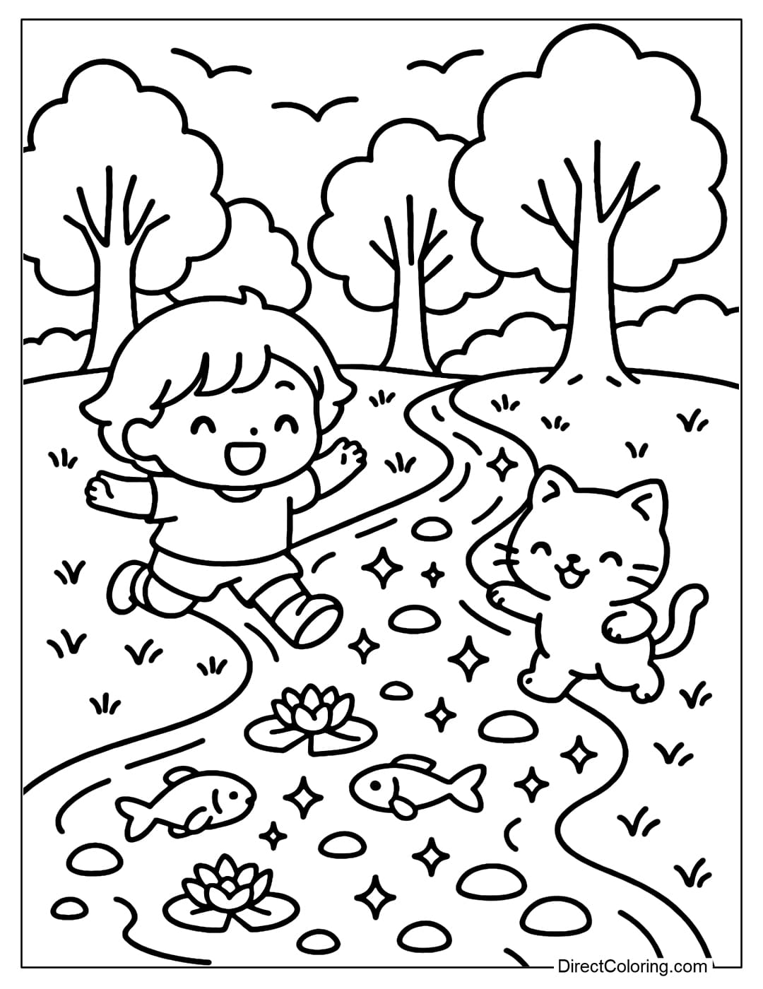 Coloring page of a sparkling stream, baby and pet jumping on the bank.