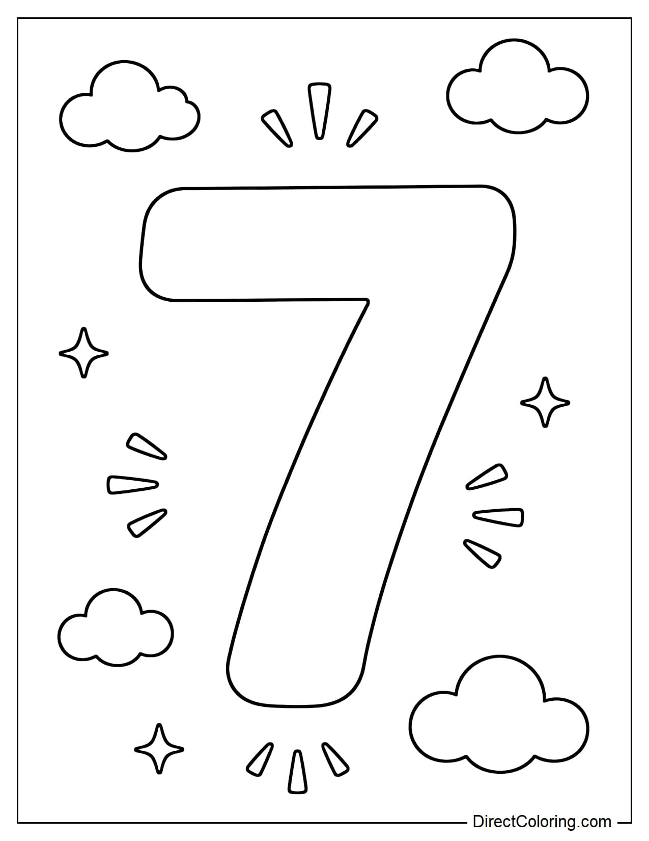 A large, simple number 7, surrounded by a few small clouds and rays of light.