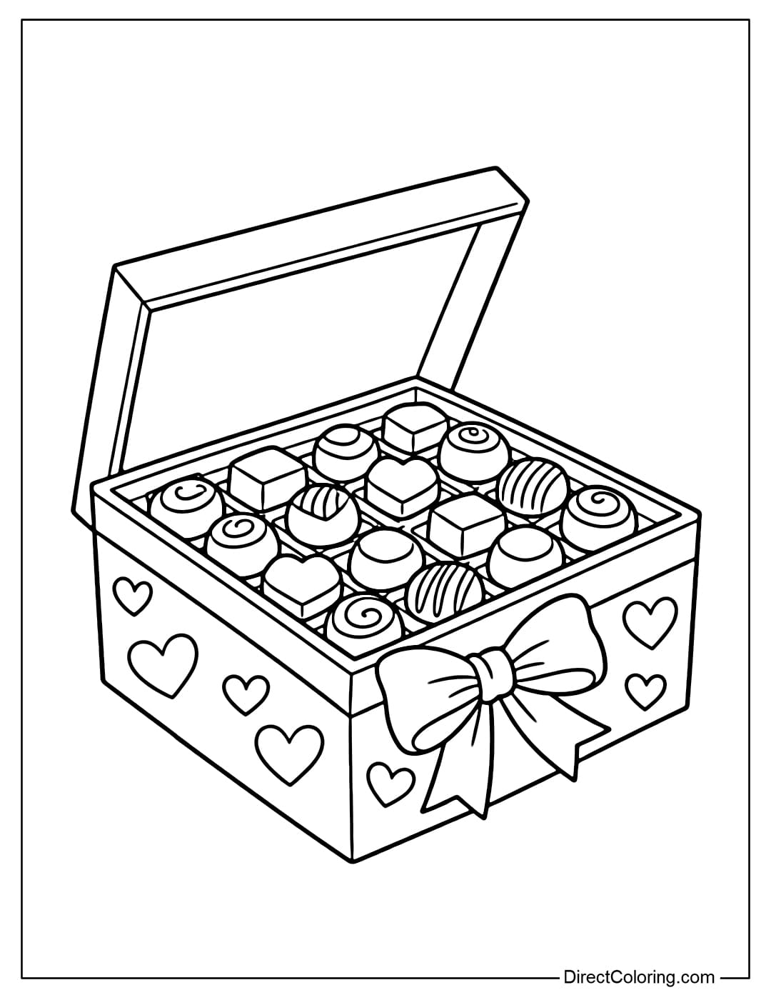 Coloring page of an open chocolate gift box with neatly arranged chocolates inside, topped with a bow and heart motifs.