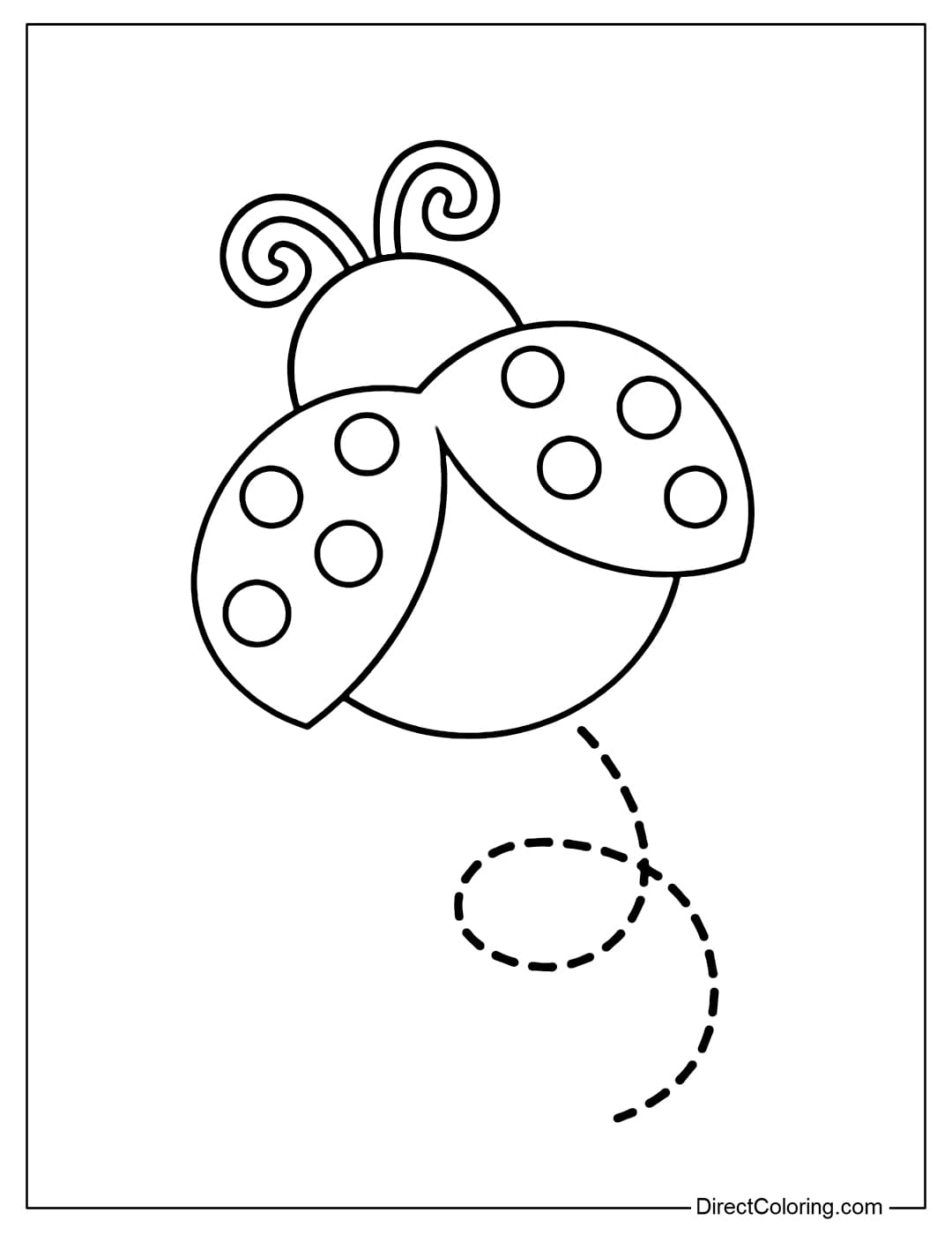 Coloring page of a cute flying ladybug with its wings slightly open and a curved flight path underneath, its antennae curled into a lovely shape.