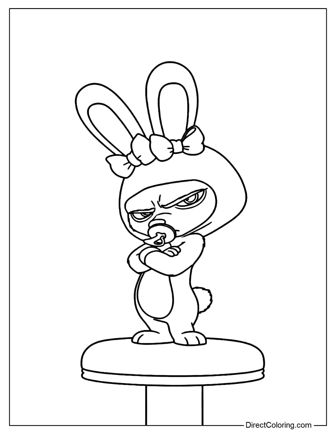 A coloring page of Finnick with a grumpy expression and crossed arms, both adorable and funny.
