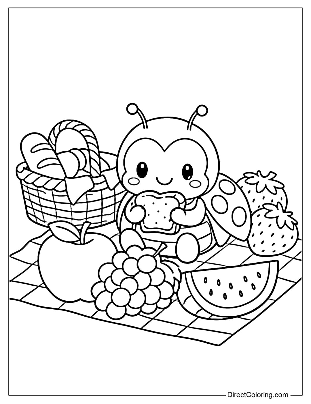 A coloring page of a ladybug sitting on a picnic mat with a basket of cookies and some fruit.