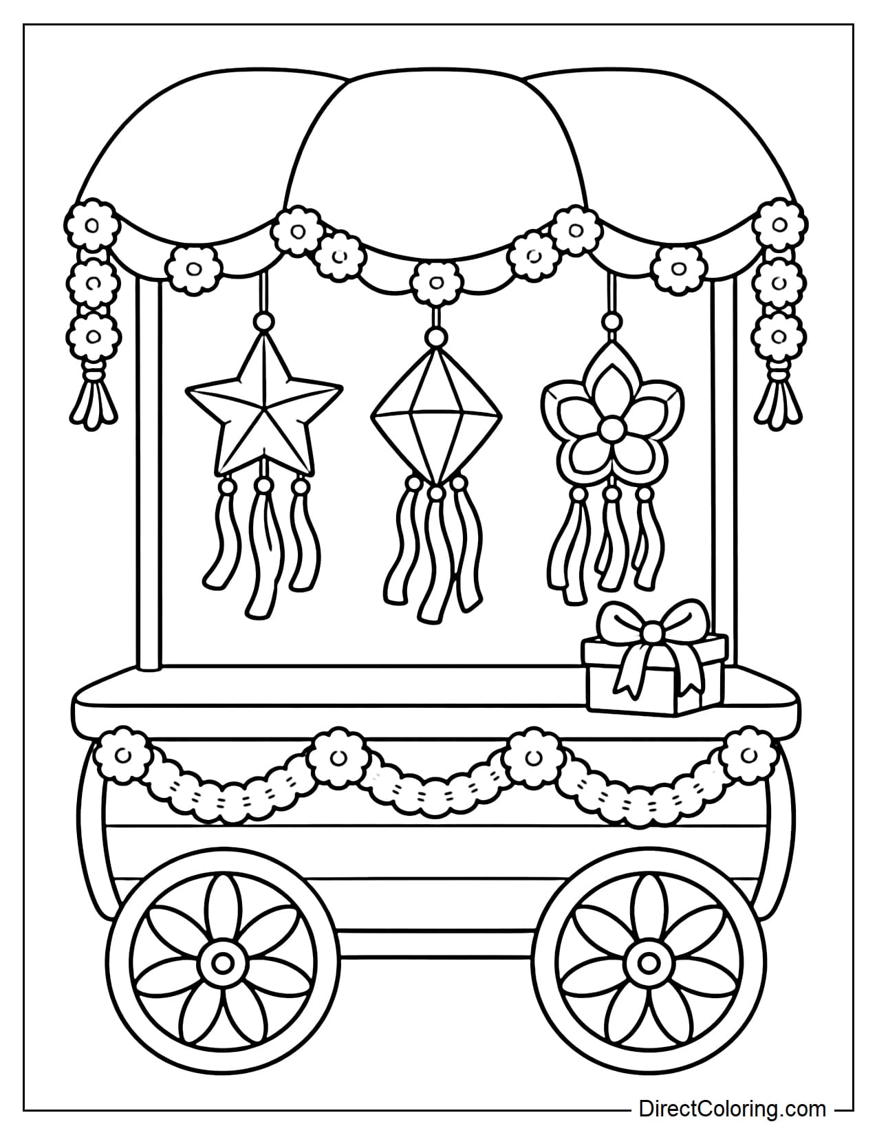 A small wooden cart with flower-shaped wheels and a curved canopy decorated with marigold garlands. Three kandil lanterns shaped like a star, diamond, and flower hang beneath the canopy, with a wrapped gift on the counter.