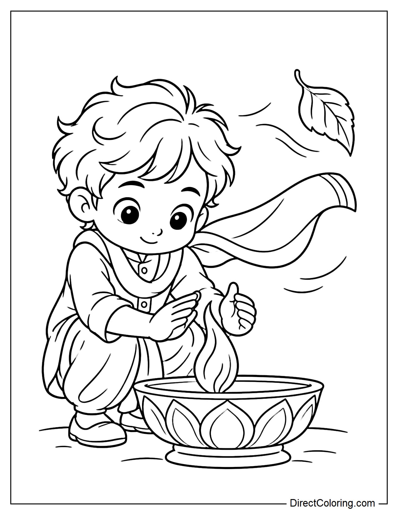 An Indian boy wearing a kurta crouches beside a large diya, cupping his hands around the flame to shield it from the wind. His scarf blows to one side, with a leaf floating nearby.