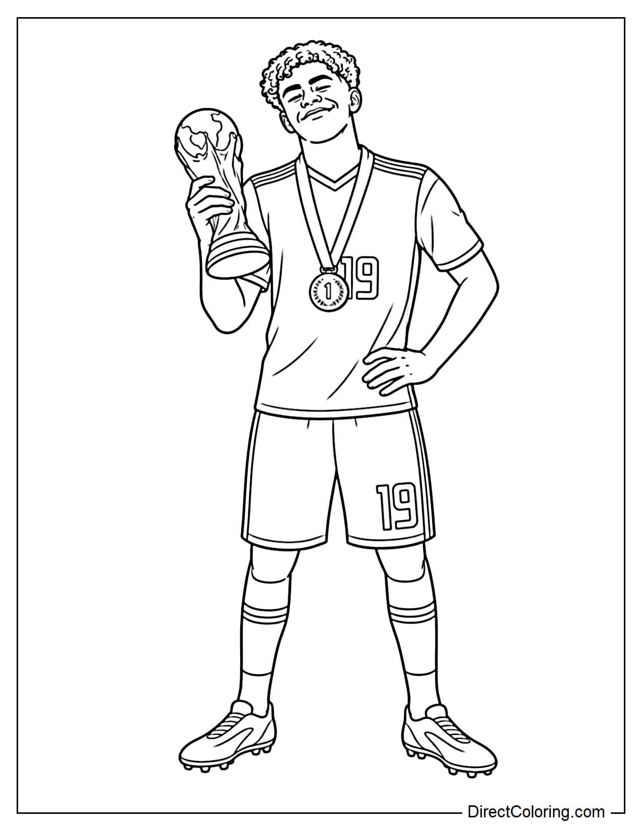 Lamine Yamal stands confidently and smiles, one hand holding the World Cup trophy beside his shoulder, the other hand on his hip, wearing his World Cup medal around his neck.
