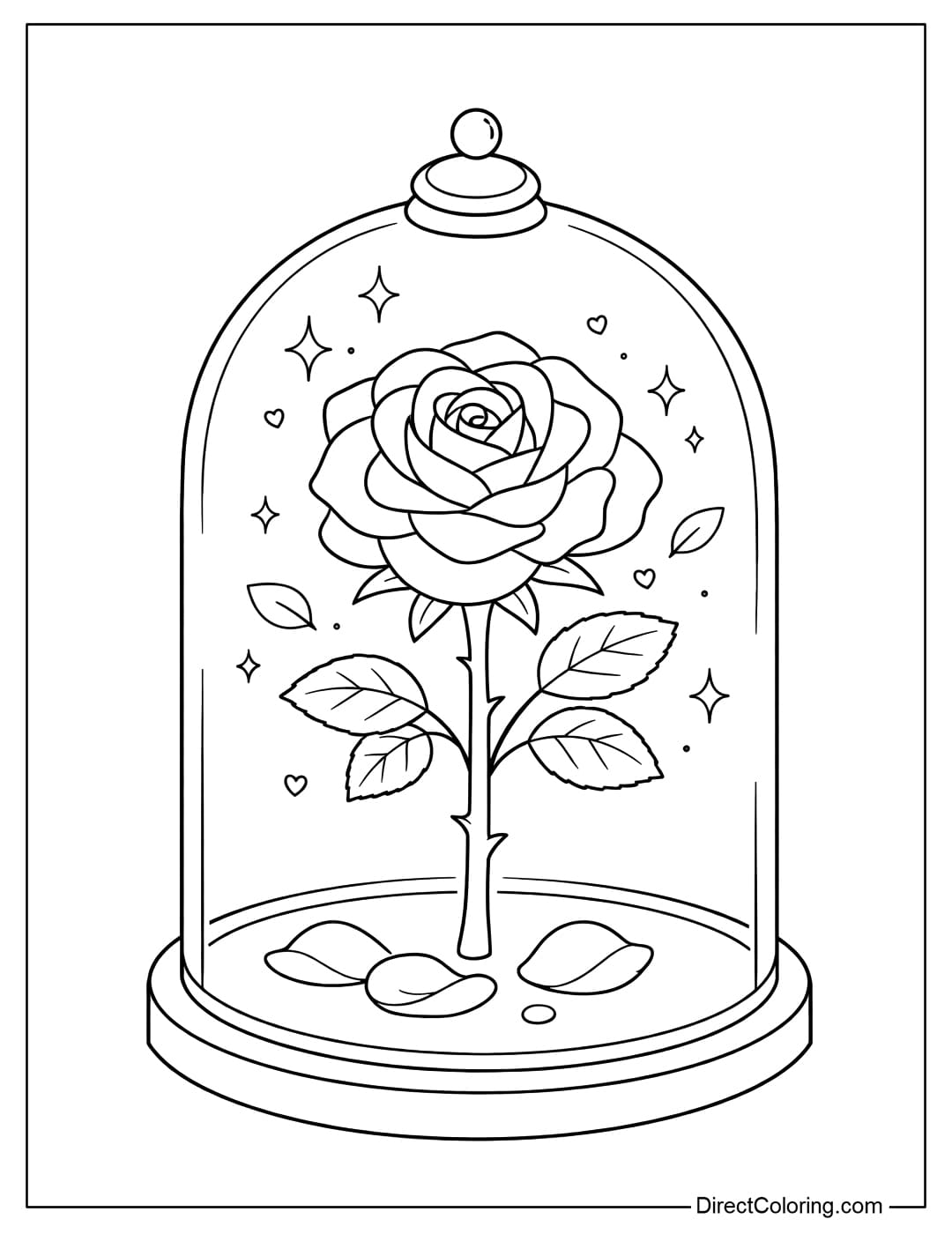 A coloring page of roses placed in a simple, round glass dome.