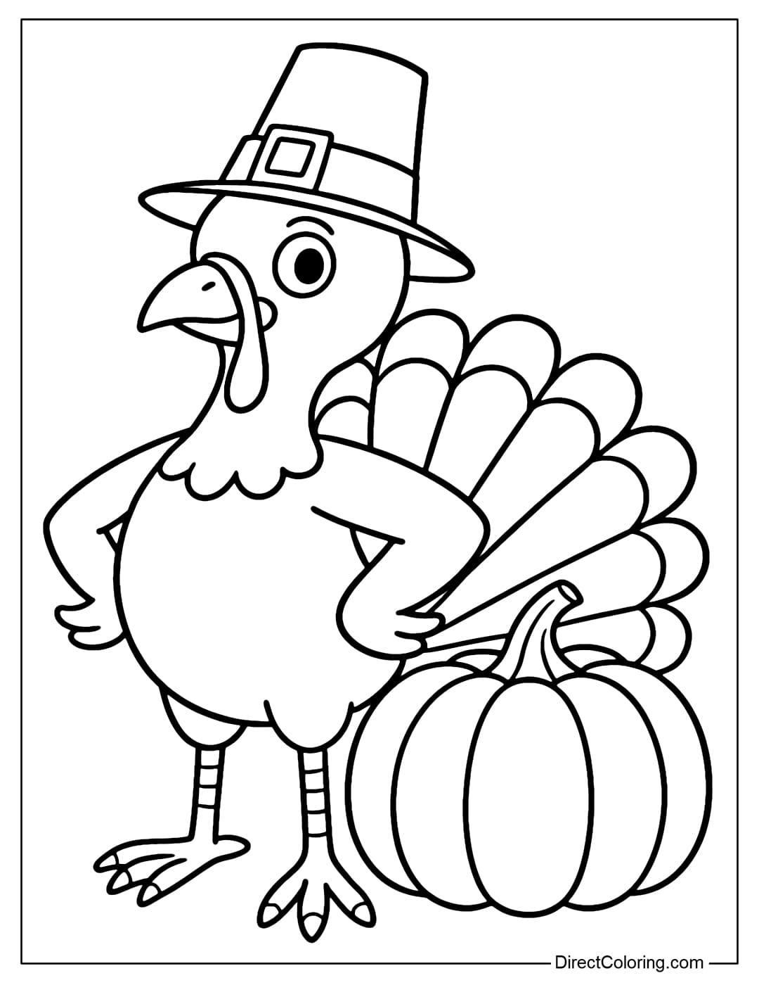 A turkey coloring page with a classic Thanksgiving Pilgrim hat on its back, its wings akimbo, standing next to a cute pumpkin.