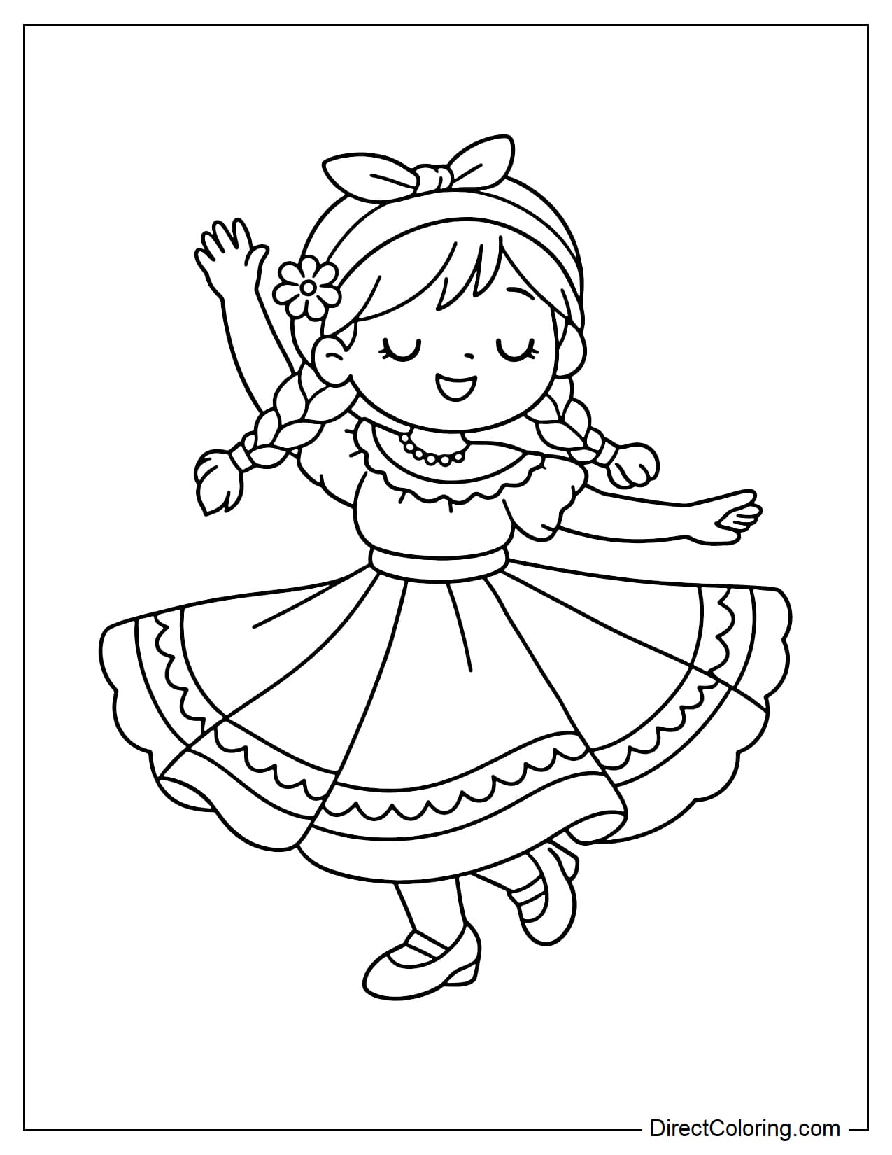 A little girl happily dancing during the Cinco de Mayo festival in a traditional costume.