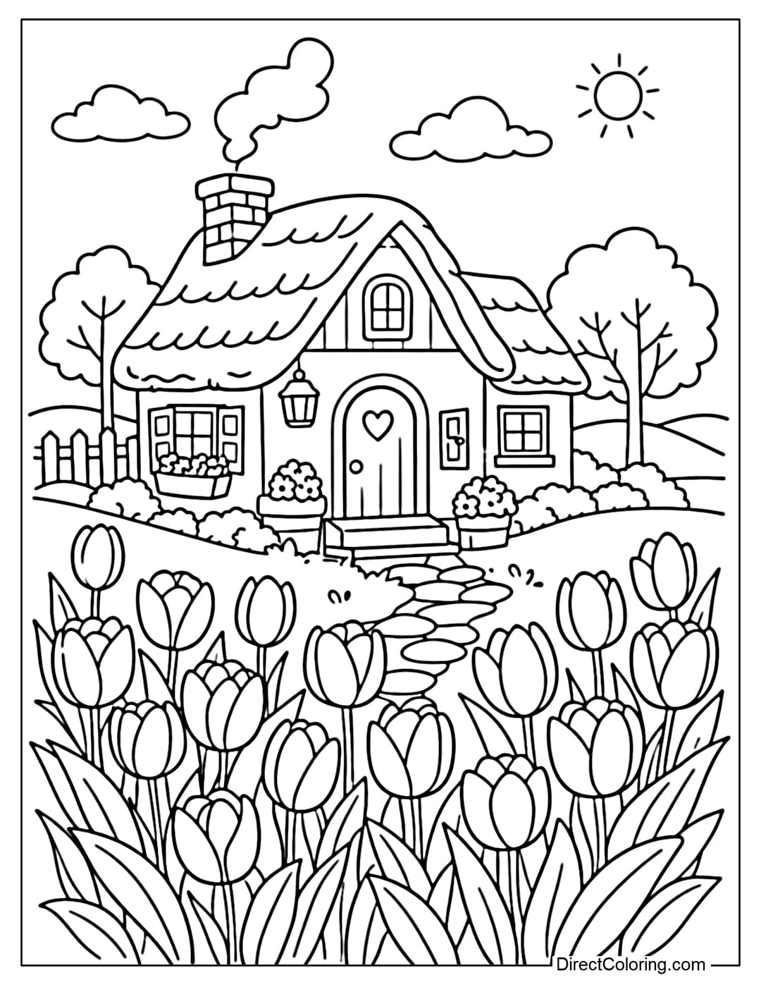 A coloring page of tulips in front of a small house, creating a warm feeling.