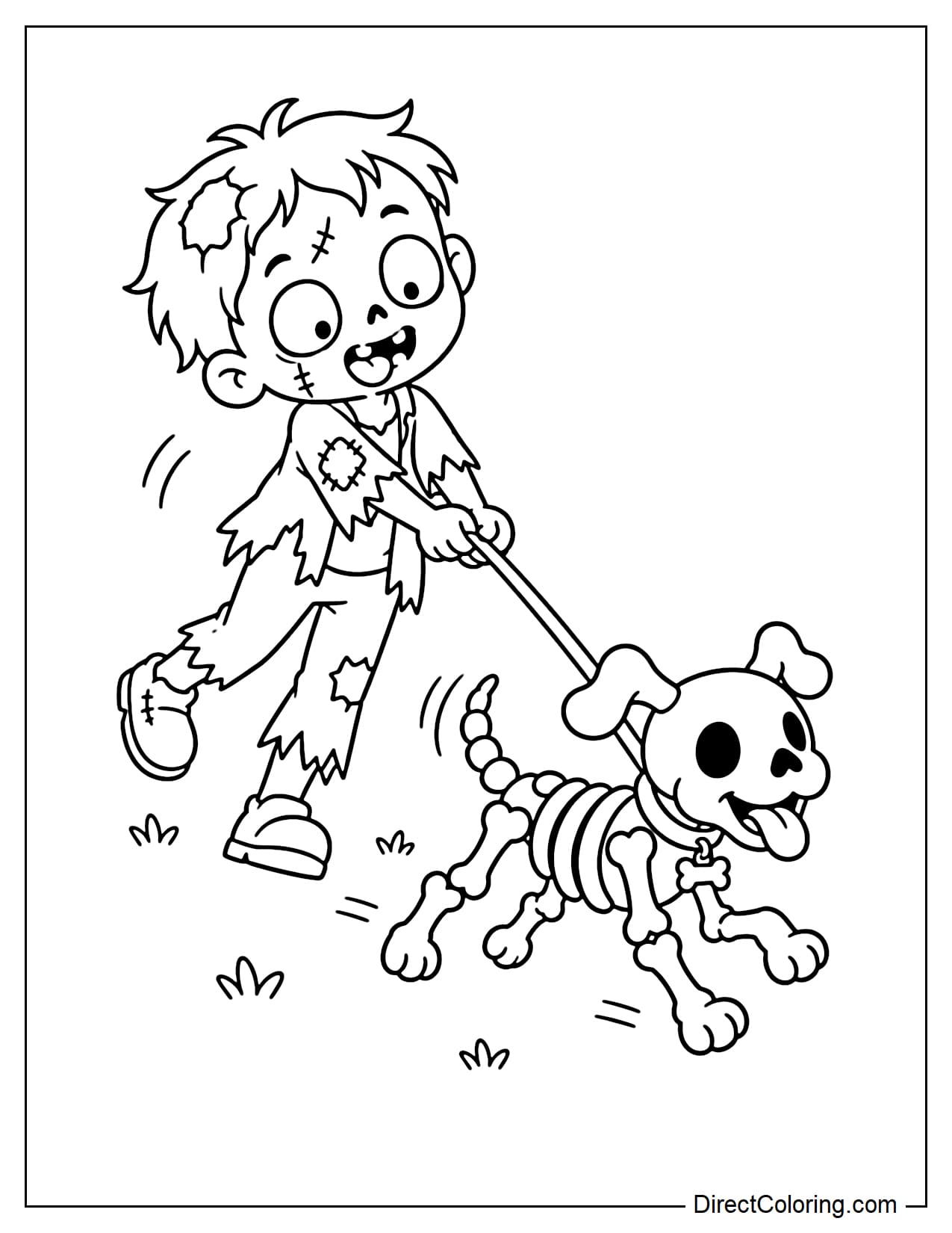 A zombie walks a tiny skeleton dog that eagerly pulls on the leash, making the zombie stumble forward.