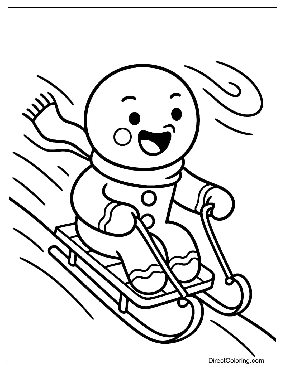 Coloring page of a gingerbread man riding a small sleigh over the hillside, the wind blowing.