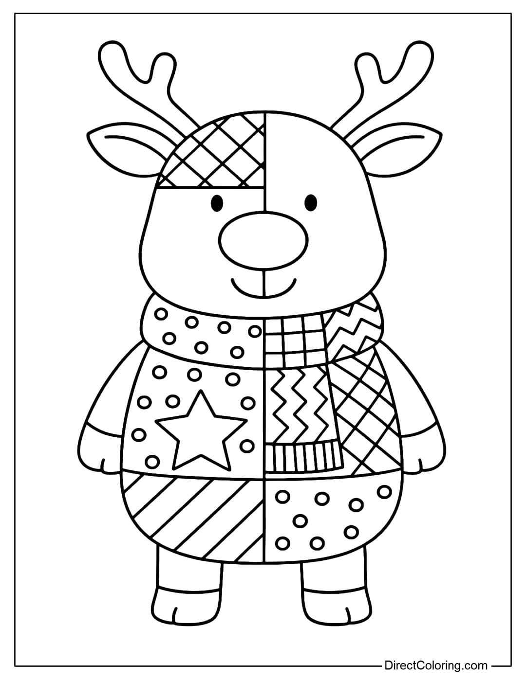 Patchwork coloring page A cute reindeer with a body made from large patchwork pieces.