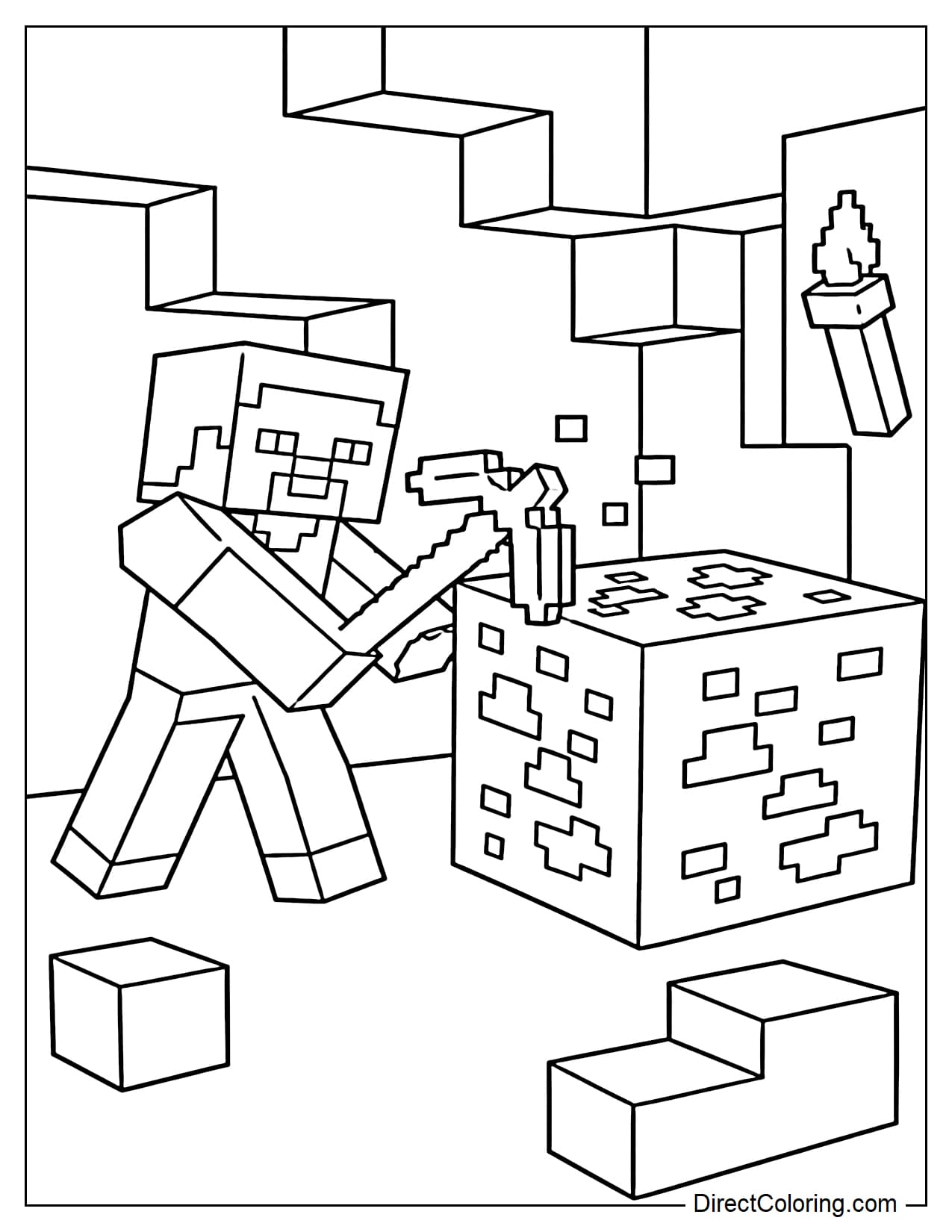 Steve uses a pickaxe to mine a large diamond ore block inside a simple stone cave.