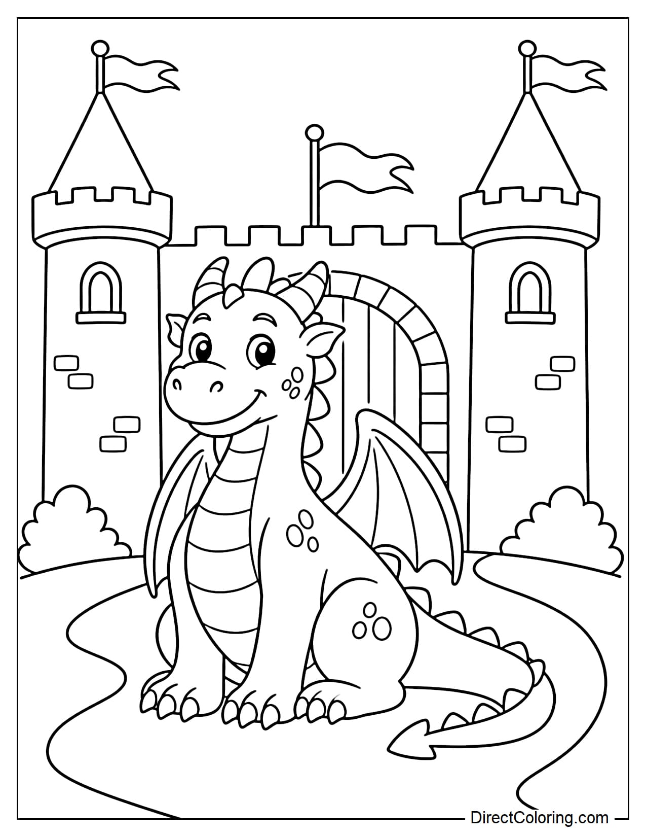 A large dragon is sitting in front of a castle gate, with its wings folded neatly behind it and its front feet resting properly on the ground. A tall castle tower stands in the background.