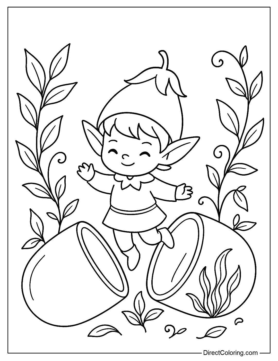 a coloring page of a little elf wearing an eggplant hat coming out of a purple capsule, surrounded by leaves and vines