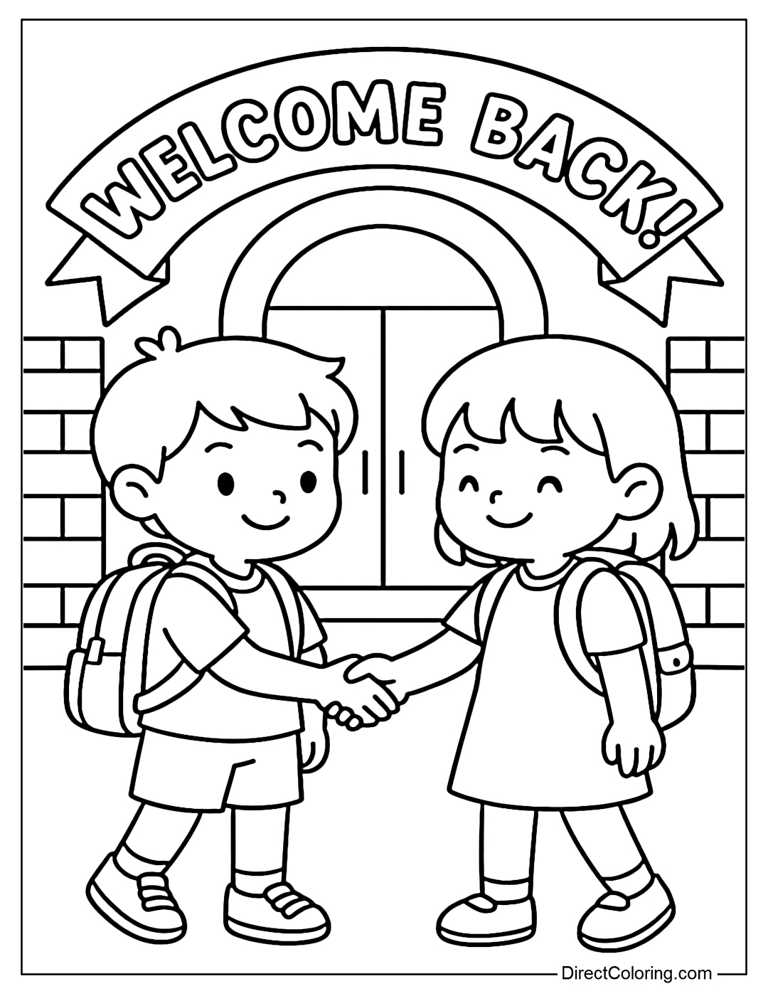 Coloring page of two little friends shaking hands to welcome the new school year.