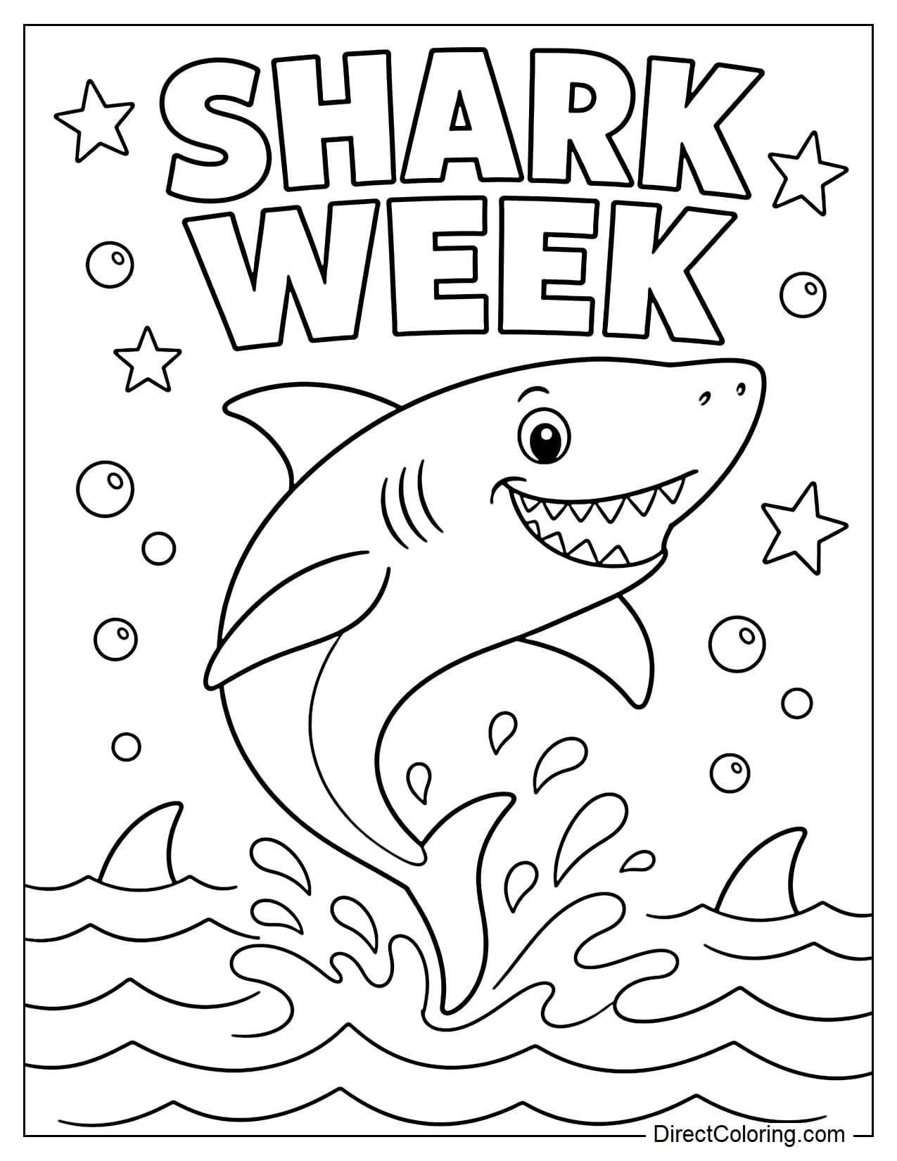 A large shark leaps out of the water in a powerful arched pose, with the words 