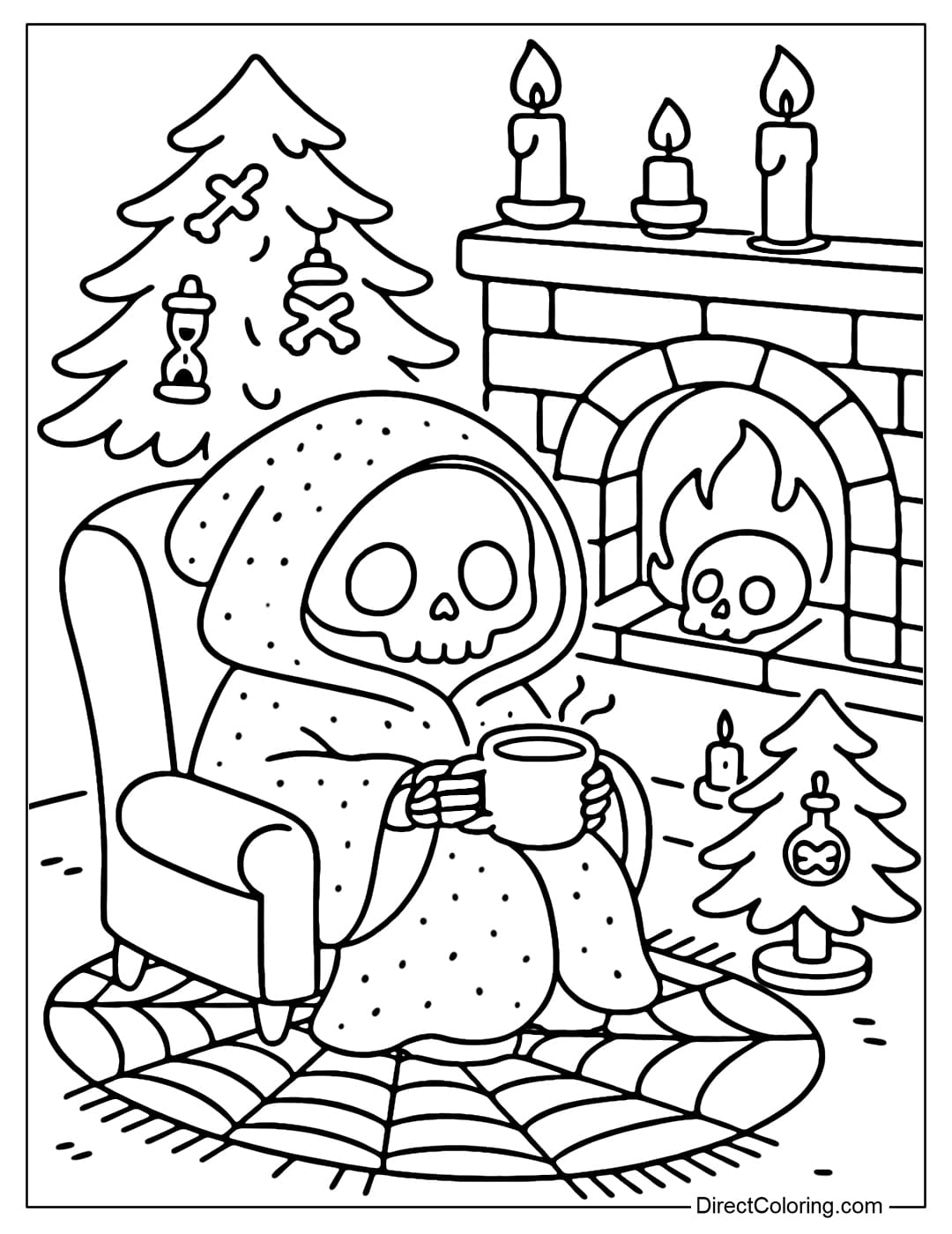 A grim reaper coloring page sitting in a candlelit room, his black cloak covered in snow, holding a cup of hot cocoa instead of a scythe.
