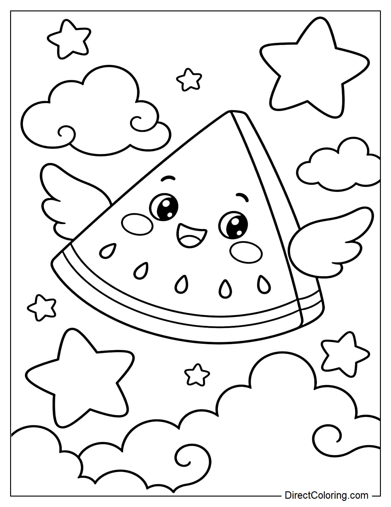 A cute watermelon slice with wings flying among soft clouds, with rosy cheeks and a few big stars.