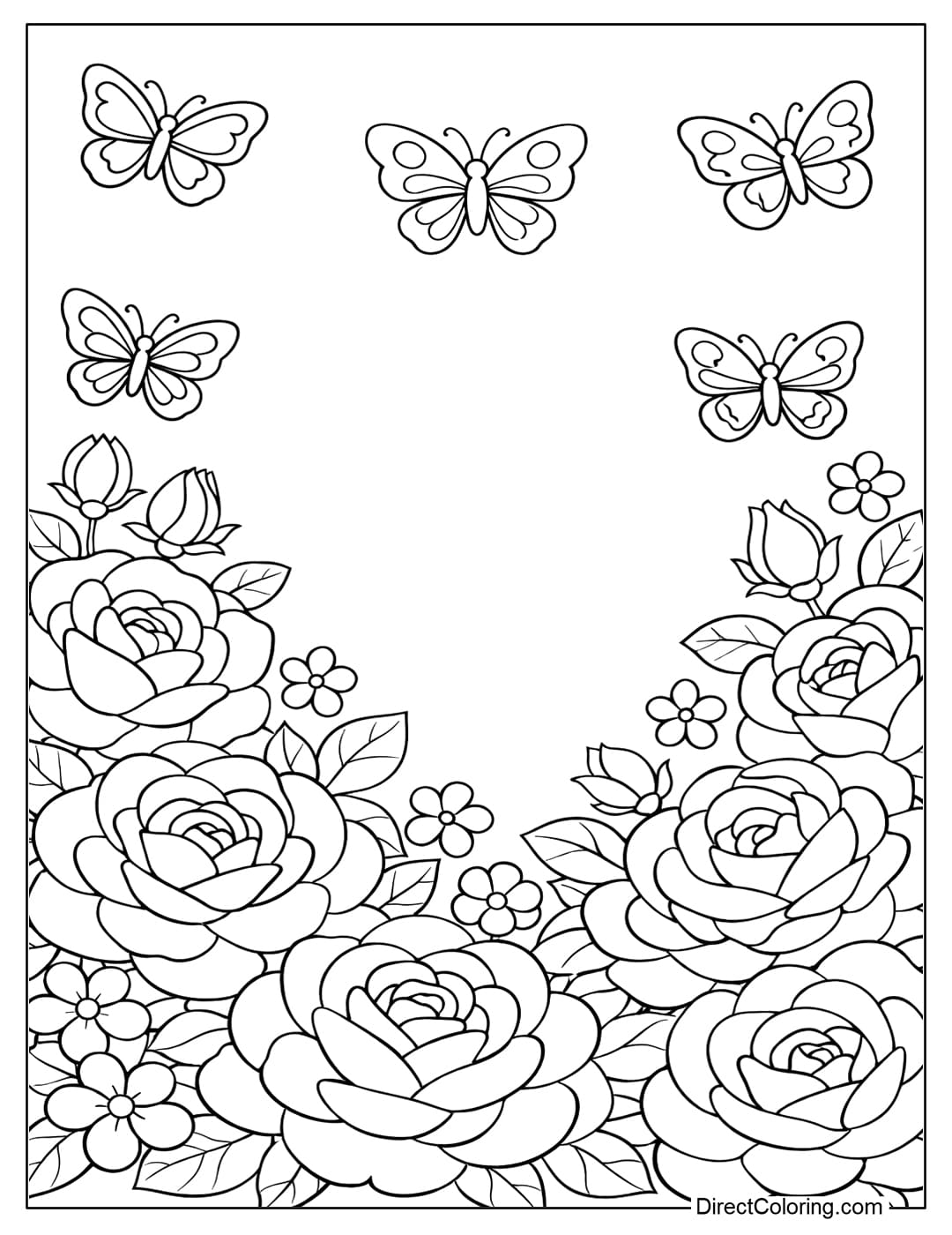 A coloring page of a rose garden in full bloom, with many cute butterflies flying in the air.