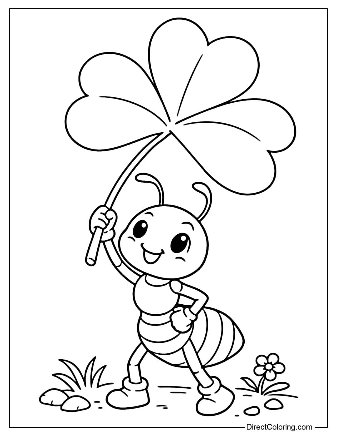 A coloring page of a small ant holding a shamrock leaf aloft, with the leaf slightly tilted.