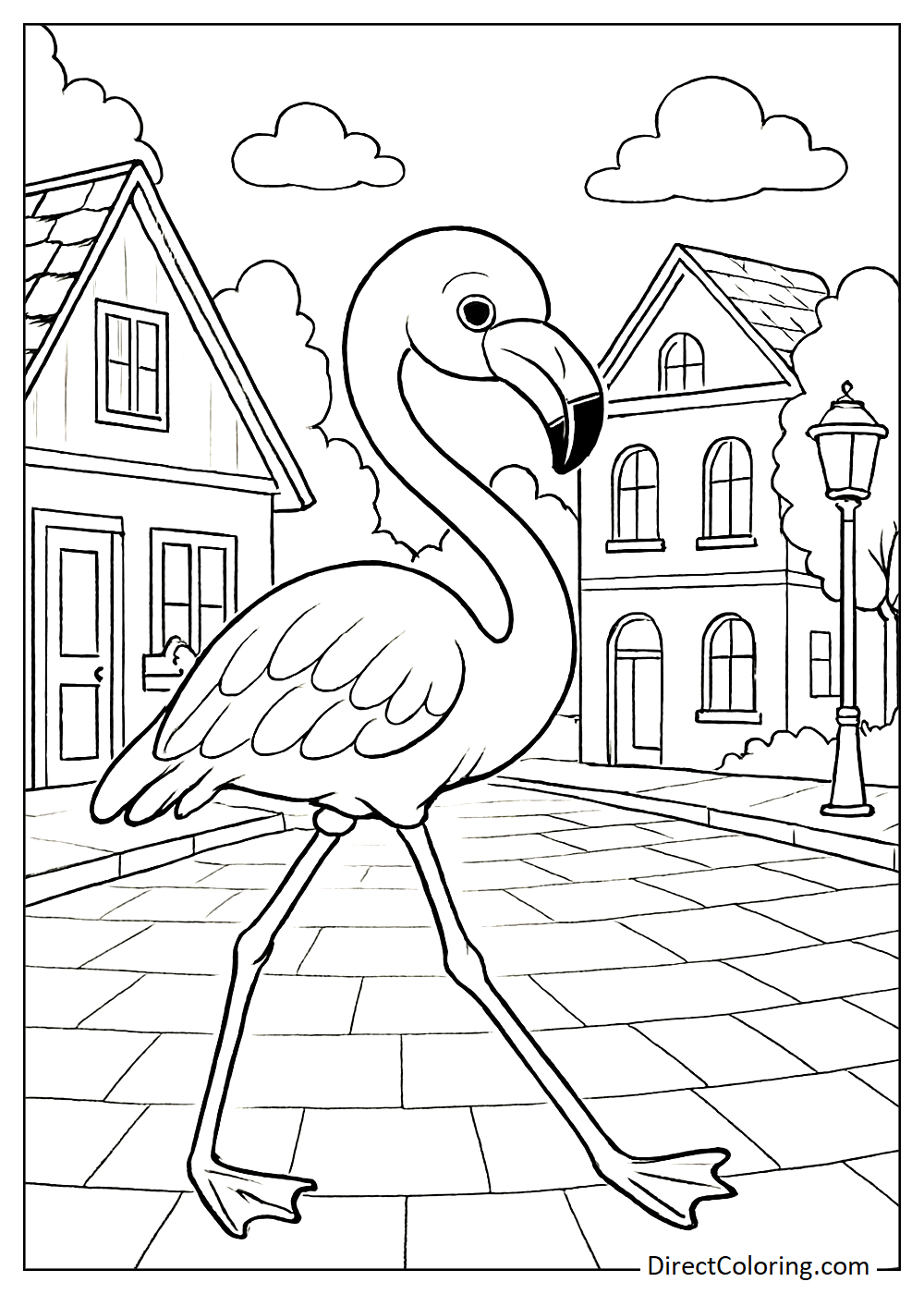 Flamingo walking on the street coloring sheet