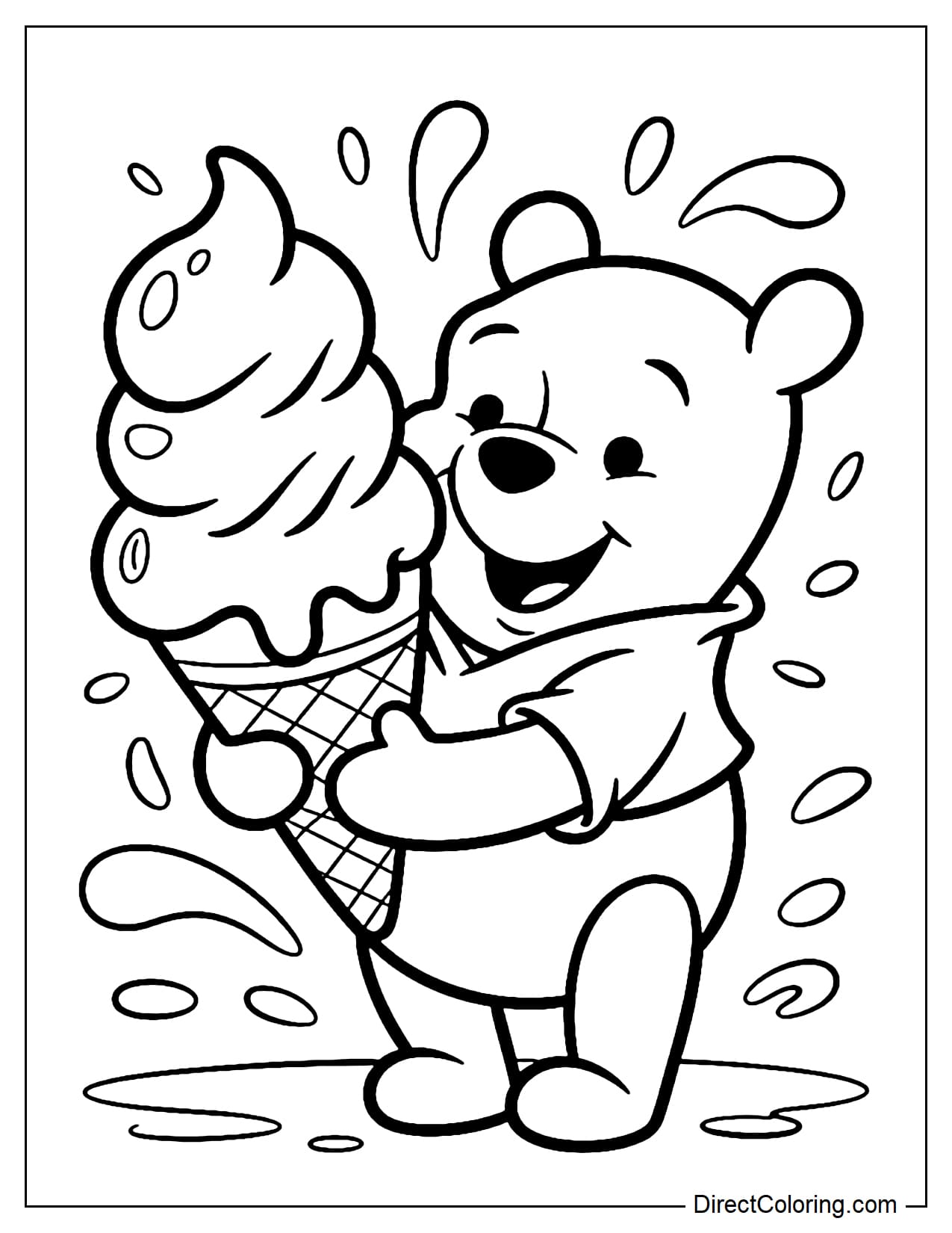Winnie the Pooh is holding a large ice cream cone in her hand, with a happy and delighted expression on her face.