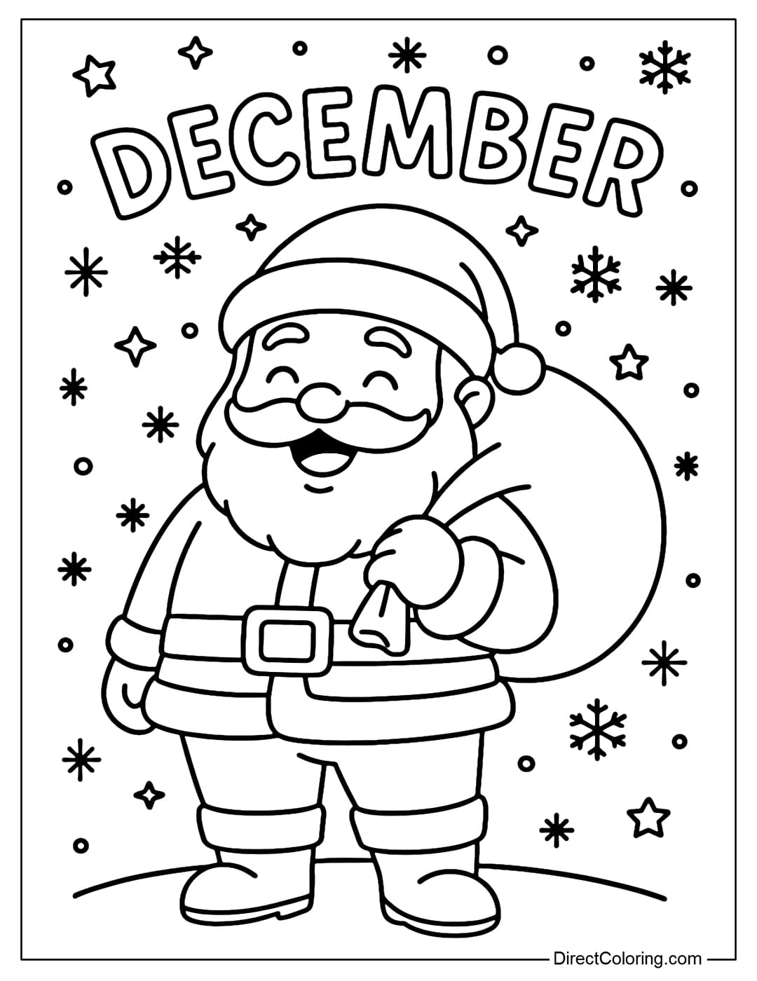 A happy, smiling Santa Claus coloring page holding a bag of gifts in front of the word December.