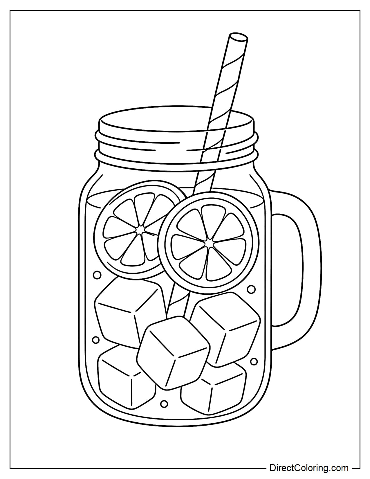 A large glass jar of lemonade, filled with large, clearly defined square ice cubes, topped with a simple lemon slice and a straw.
