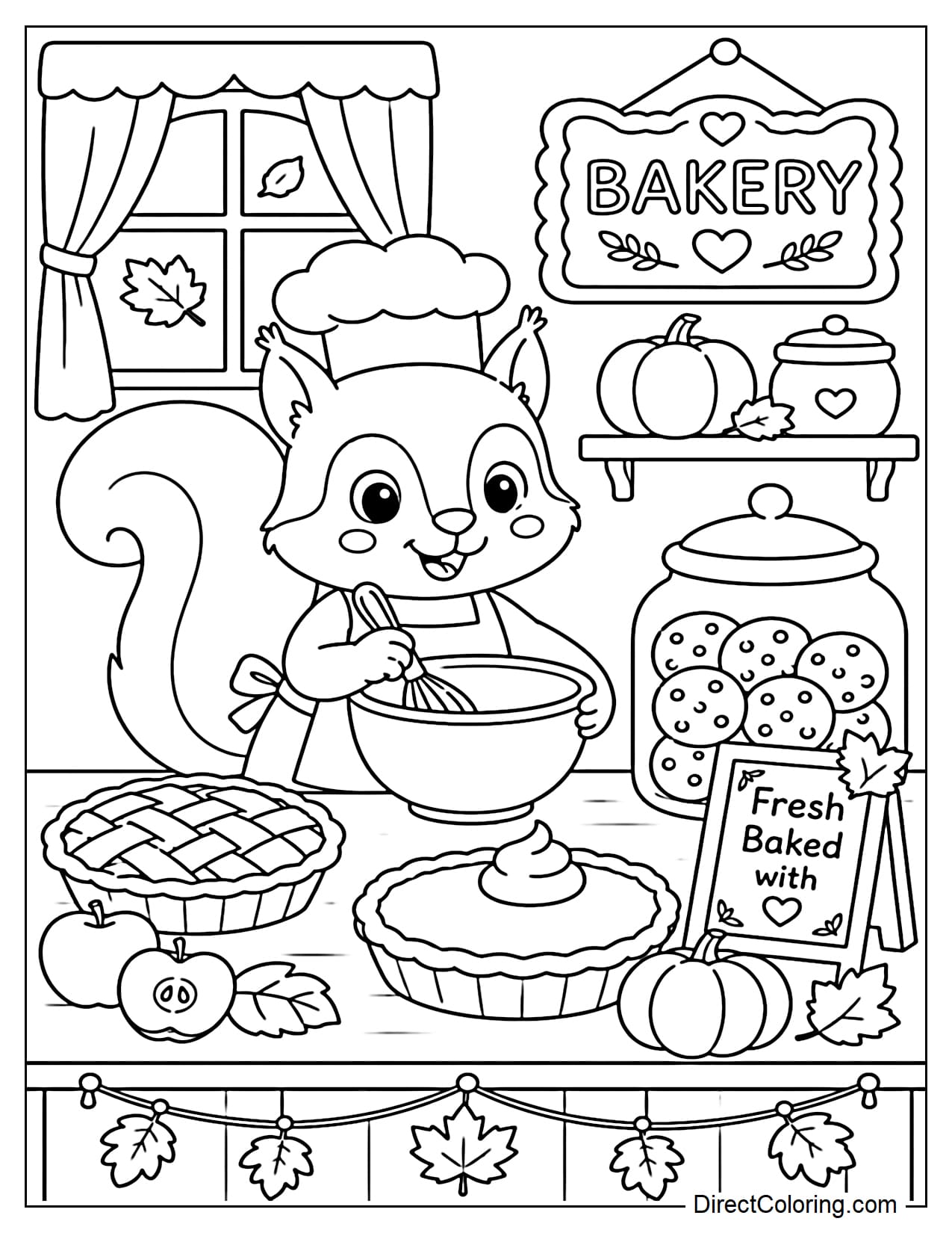 A cute little squirrel works in an autumn bakery, with apple pies, pumpkin treats, a large cookie jar, and a small bakery sign displayed on the table.