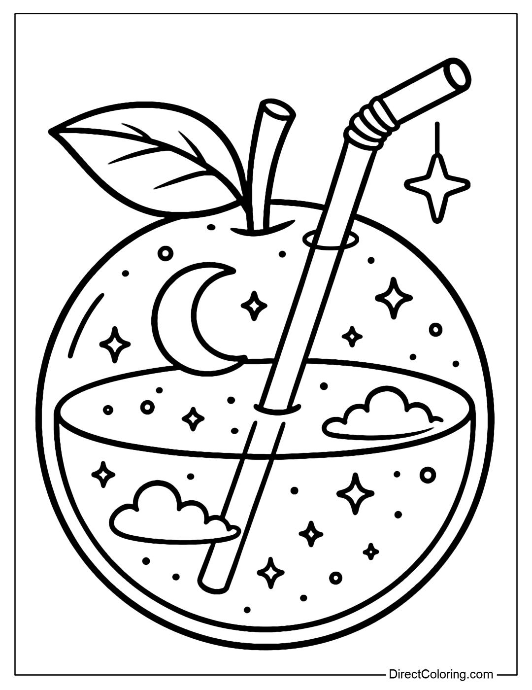 Coloring page of round yellow tangerine, water inside with mini sky and sparkling stars, straw through the moon circle.