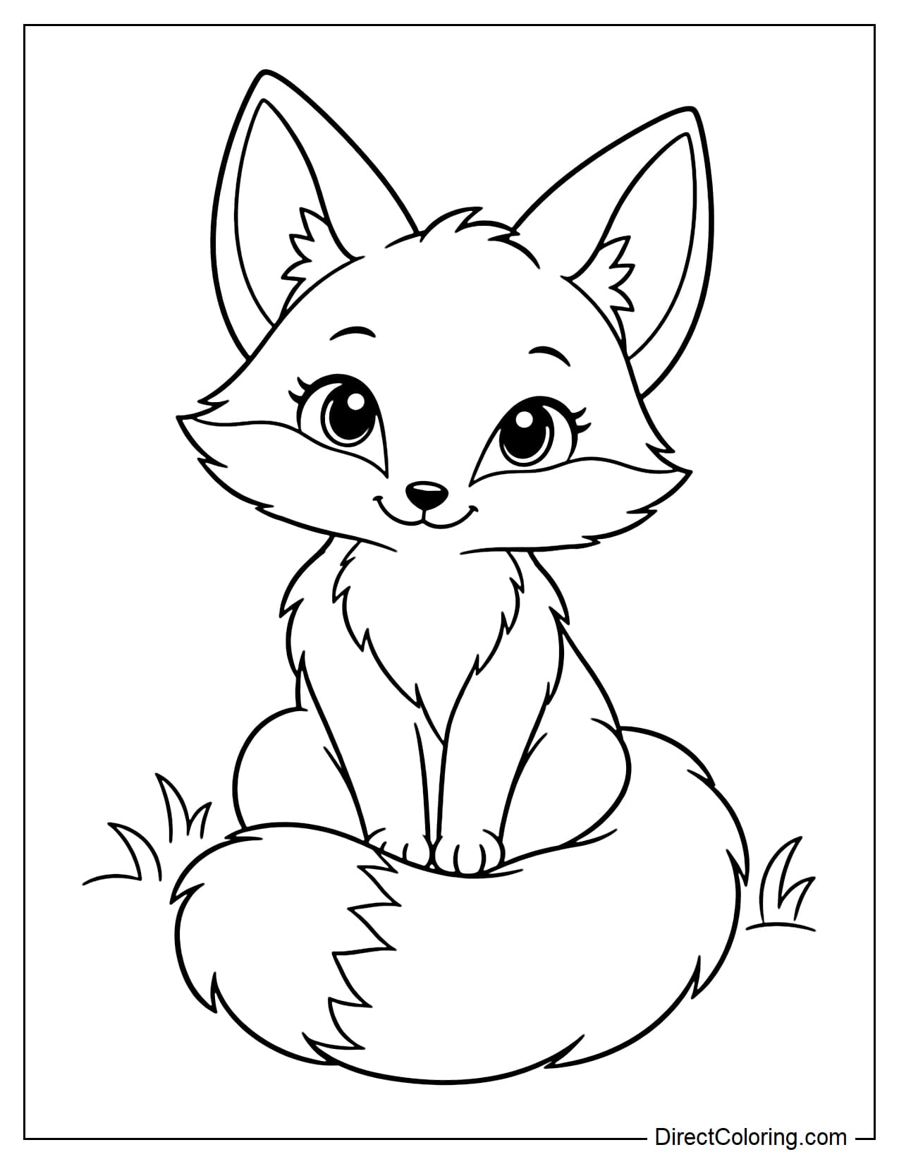 A cute fox sits upright with its two large ears perked up and its long, very fluffy tail naturally curled around its front paws.