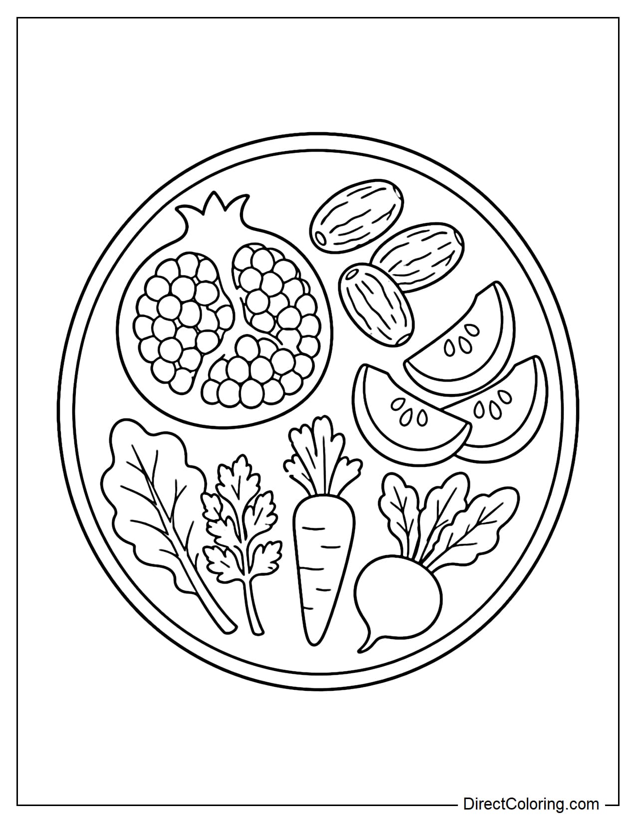 A large platter featuring symbolic Rosh Hashanah foods such as pomegranate, dates, pumpkin, and various vegetables.