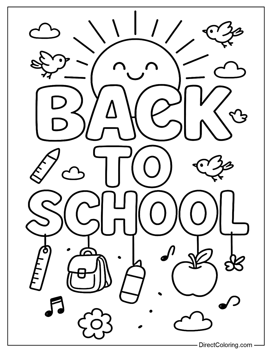 Back to School coloring page with the words highlighted in the center, the sun shining behind the words.