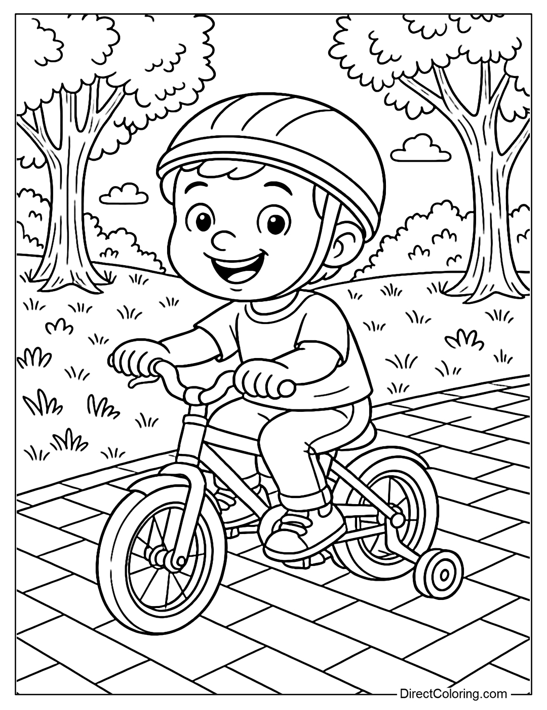 A coloring page of a boy riding a bike with training wheels on a paved park path, smiling brightly.