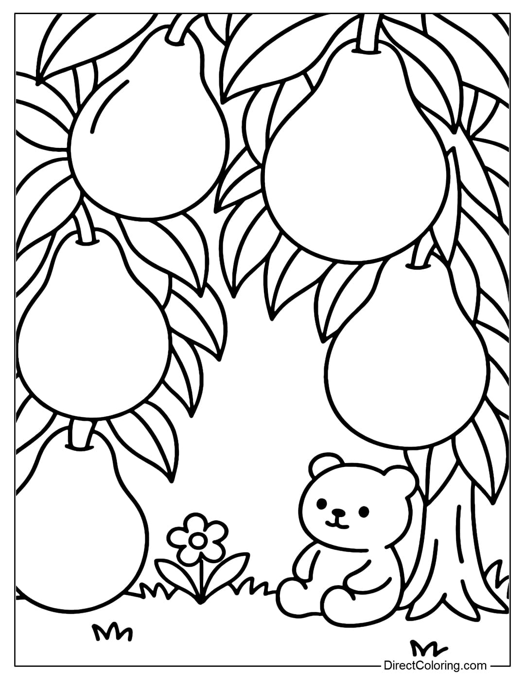 A giant pear garden coloring page. A plump yellow pear is packed tightly, with large green leaves. A tiny bear sits under the canopy, admiring the scenery.