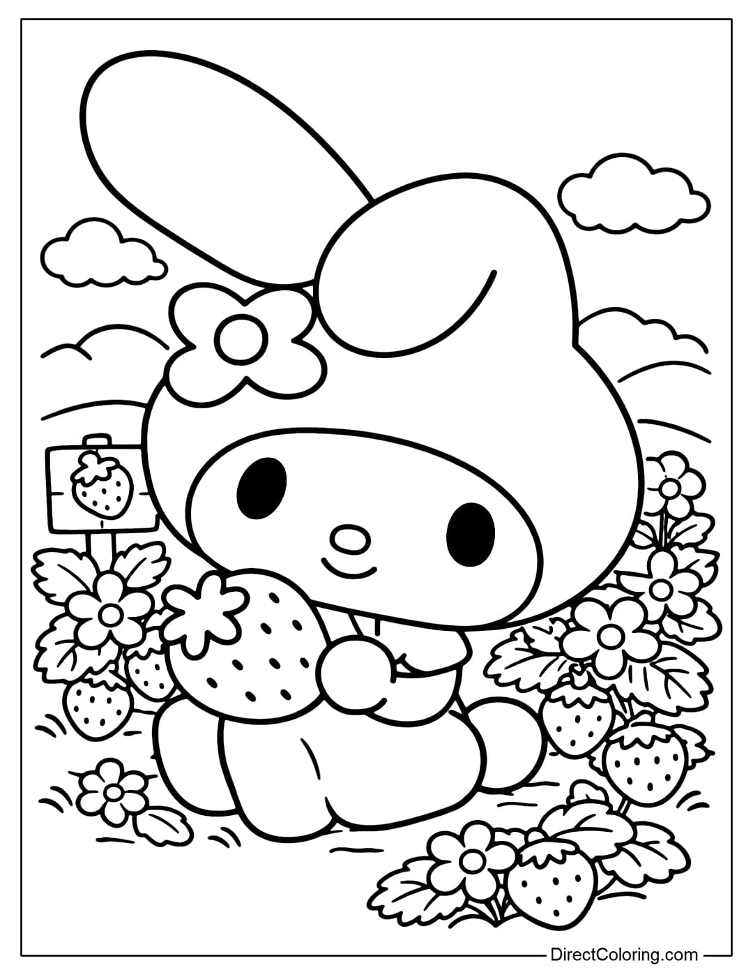 A cute My Melody is sitting in a strawberry garden, hugging a large strawberry, surrounded by flowers, leaves, and clouds.