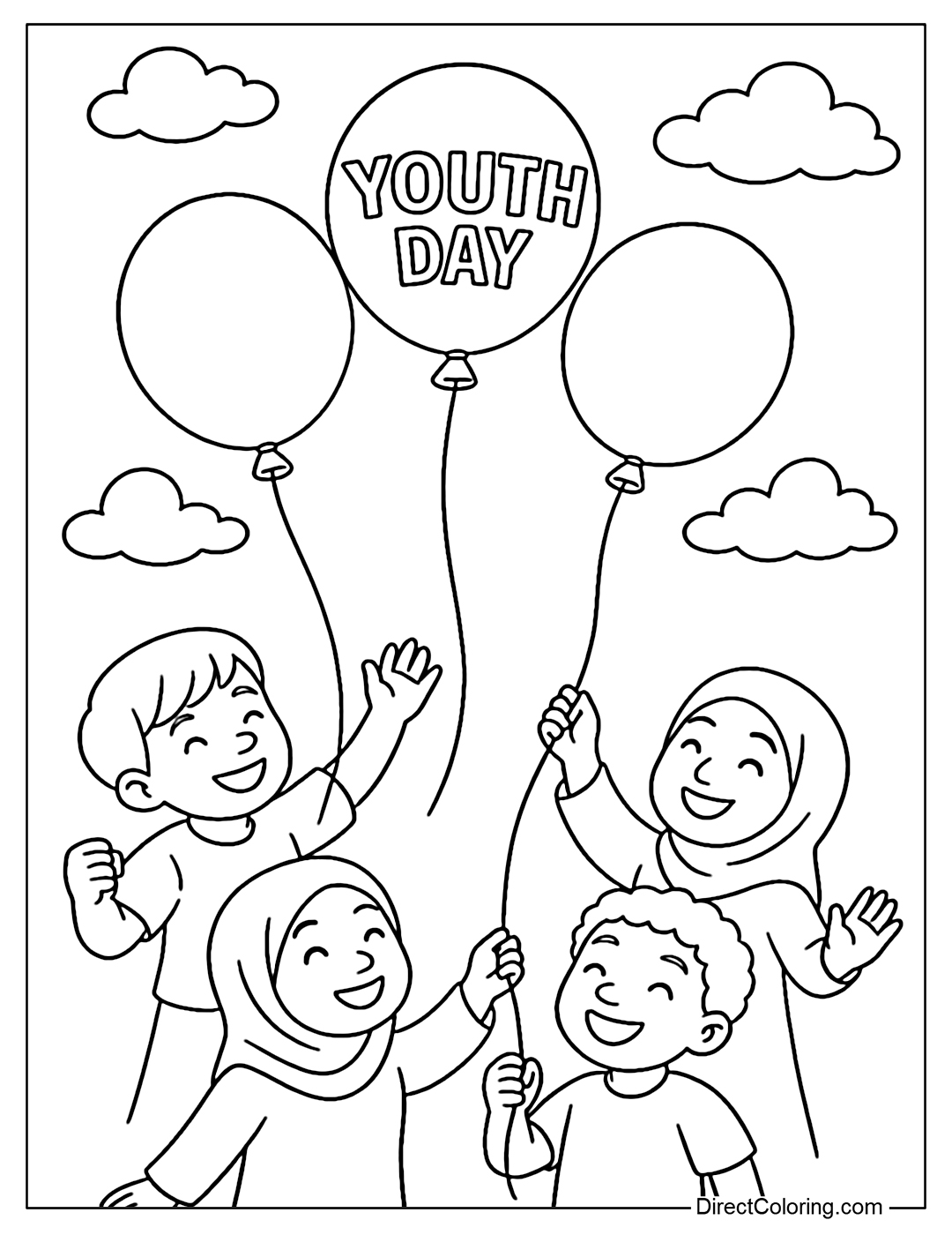 Coloring page of children releasing balloons into the sky, with the words 