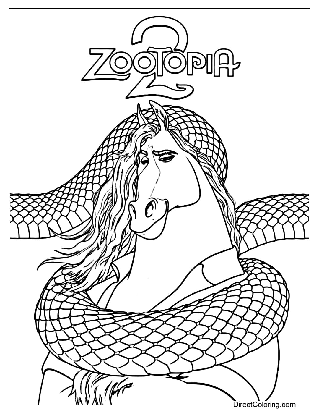 A coloring page of Mayor Winddancer with a cool and powerful look, her flowing hair and Gary's graceful coils.