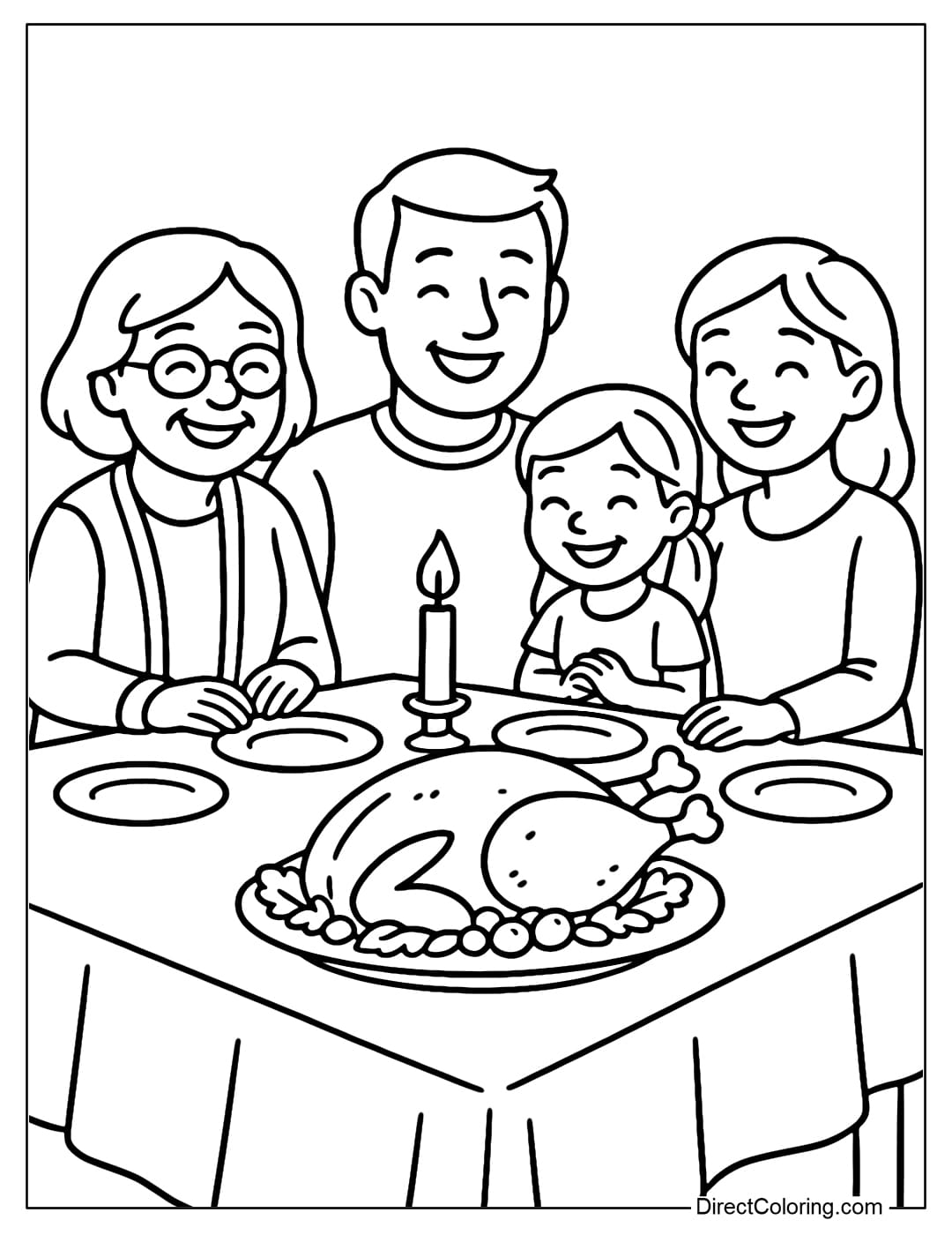 A family gathering around the Thanksgiving dinner table, with a turkey and a flickering candle on the table.