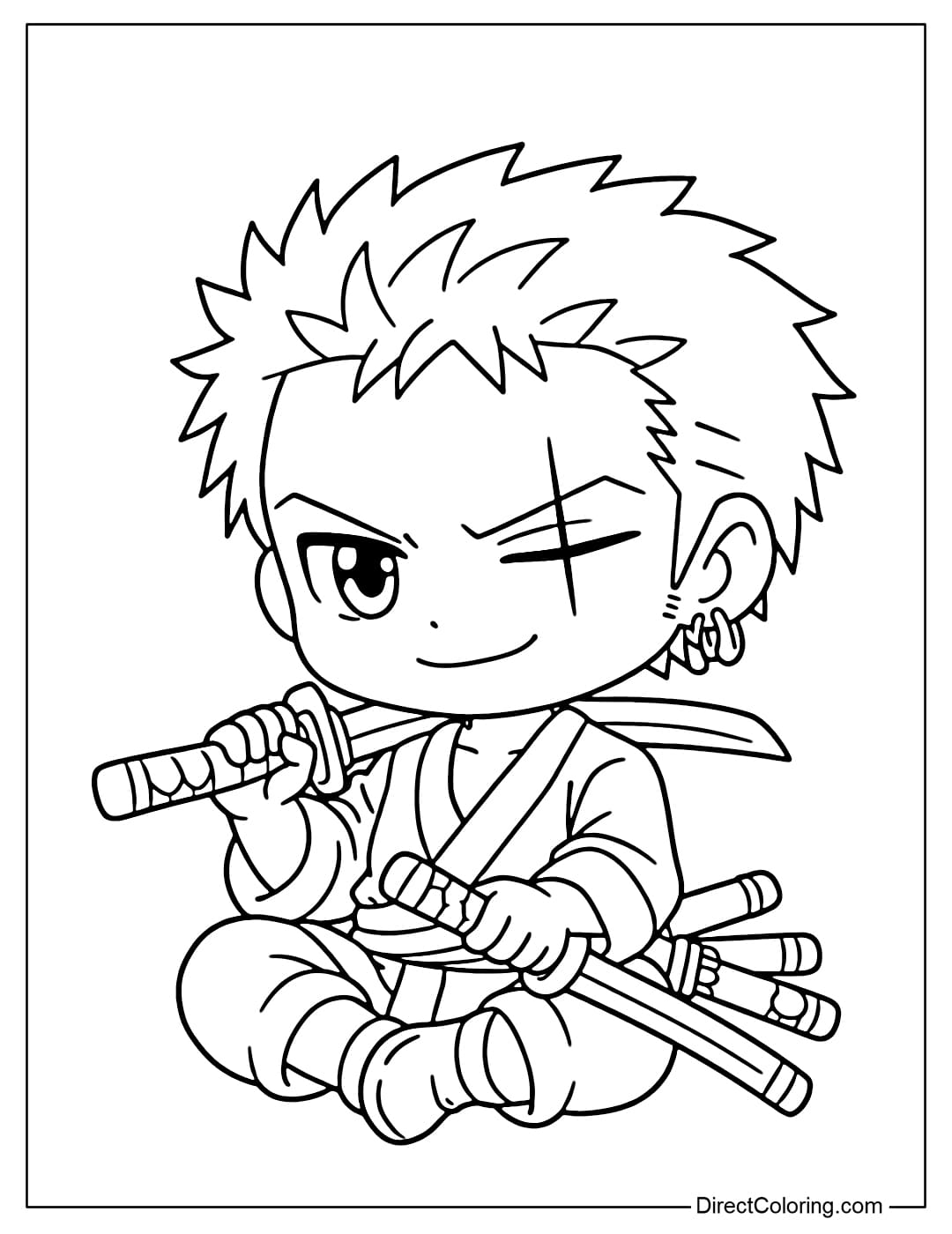 Cute chibi Roronoa Zoro sitting, holding two swords in his hands.