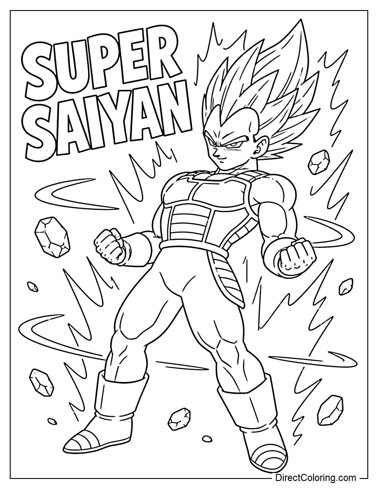 Vegeta in Super Saiyan form in a power-up pose, arms bent and body slightly tilted back, with the words 