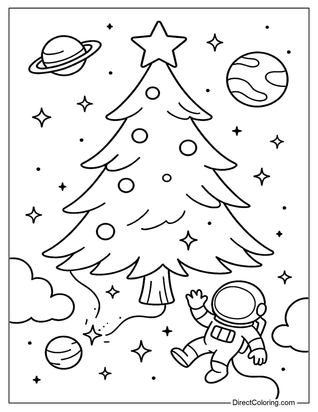A coloring page of a Christmas tree in space, surrounded by planets, astronauts and stars. A super creative, innovative and fun idea.