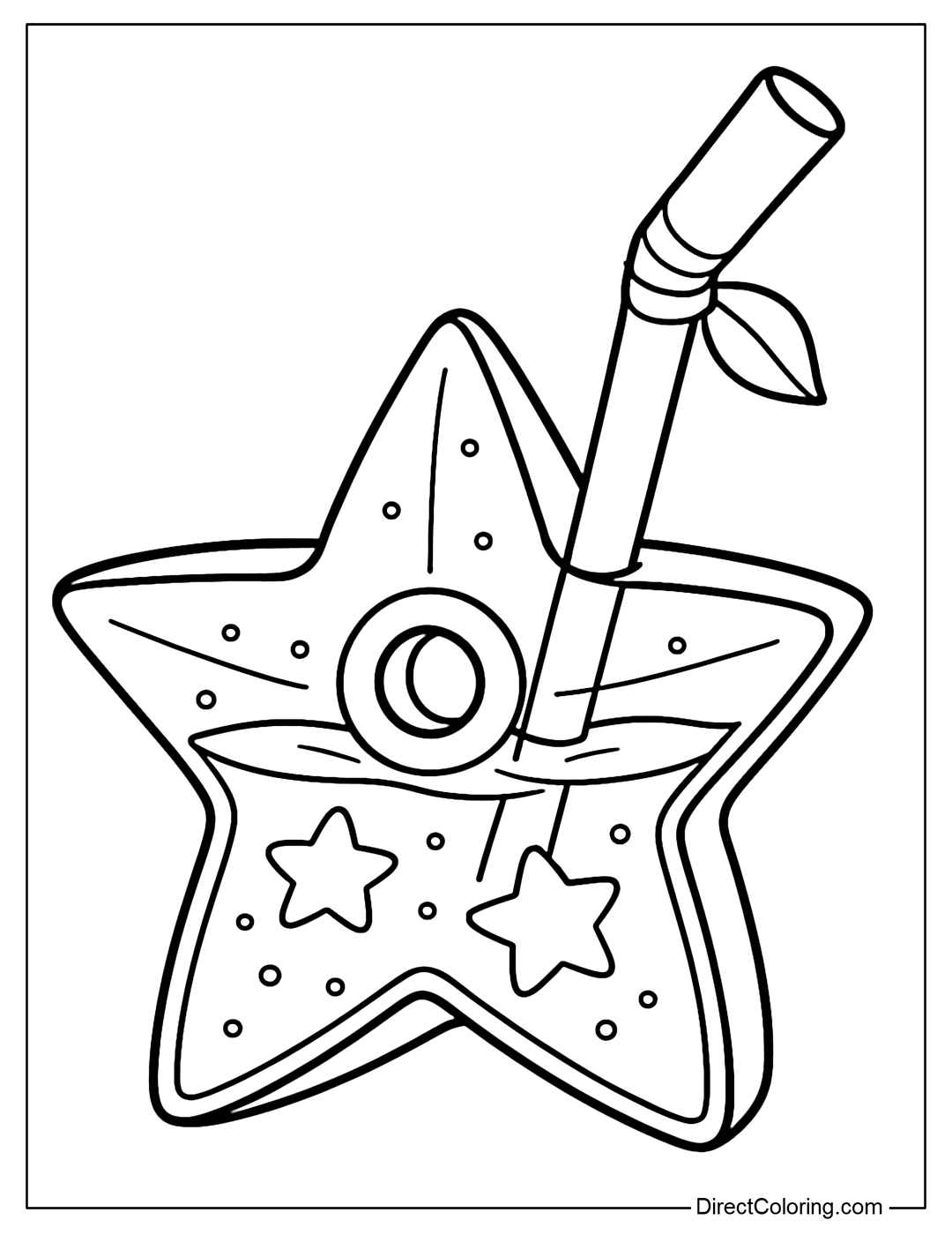 Transparent Starfruit Coloring Page with Star-shaped Hole, Sparkling Golden Water. Inside is a small lake and swimming stars.