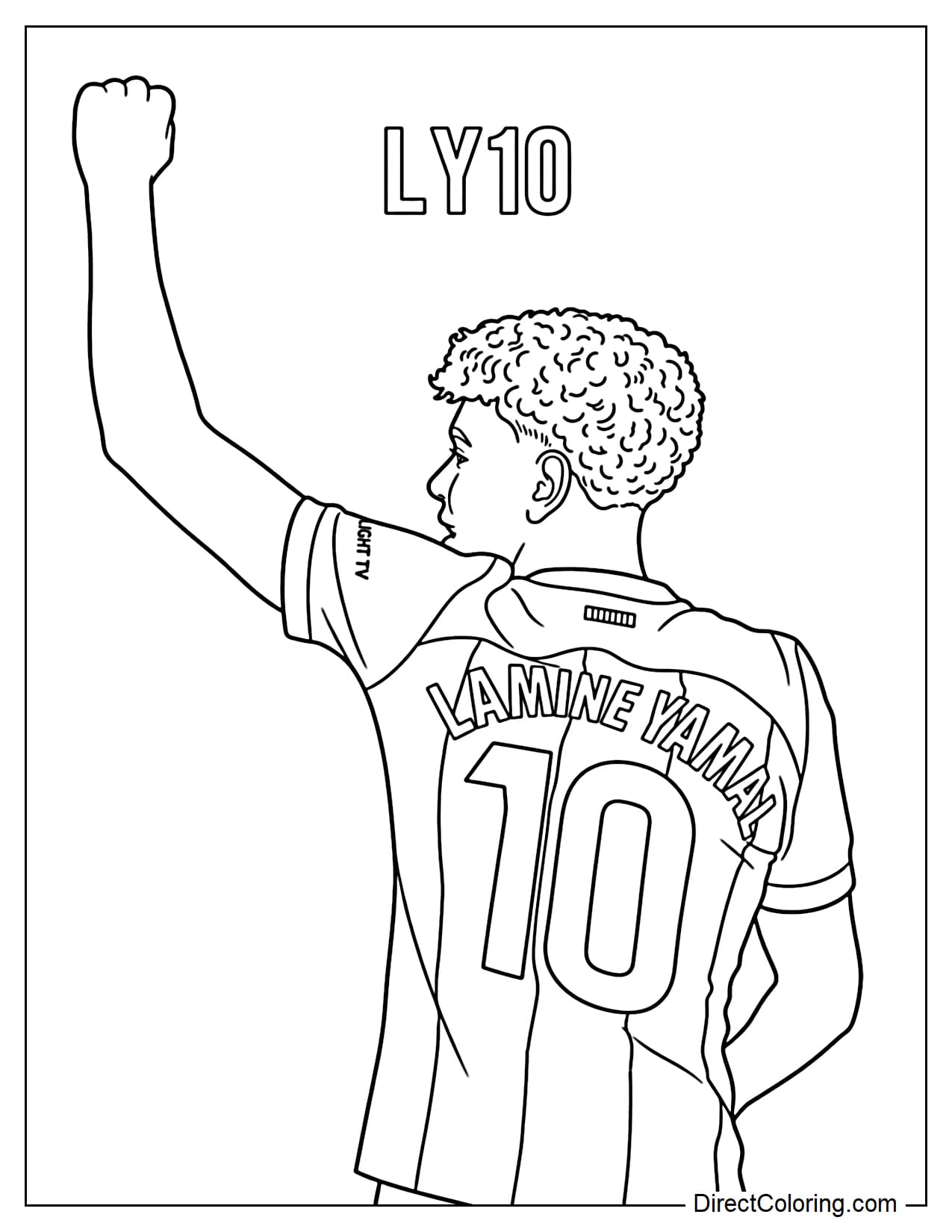 Lamine Yamal turned his back and raised his fist in celebration while wearing the traditional FC Barcelona jersey, with the number 10 and the inscription LY10 above it.