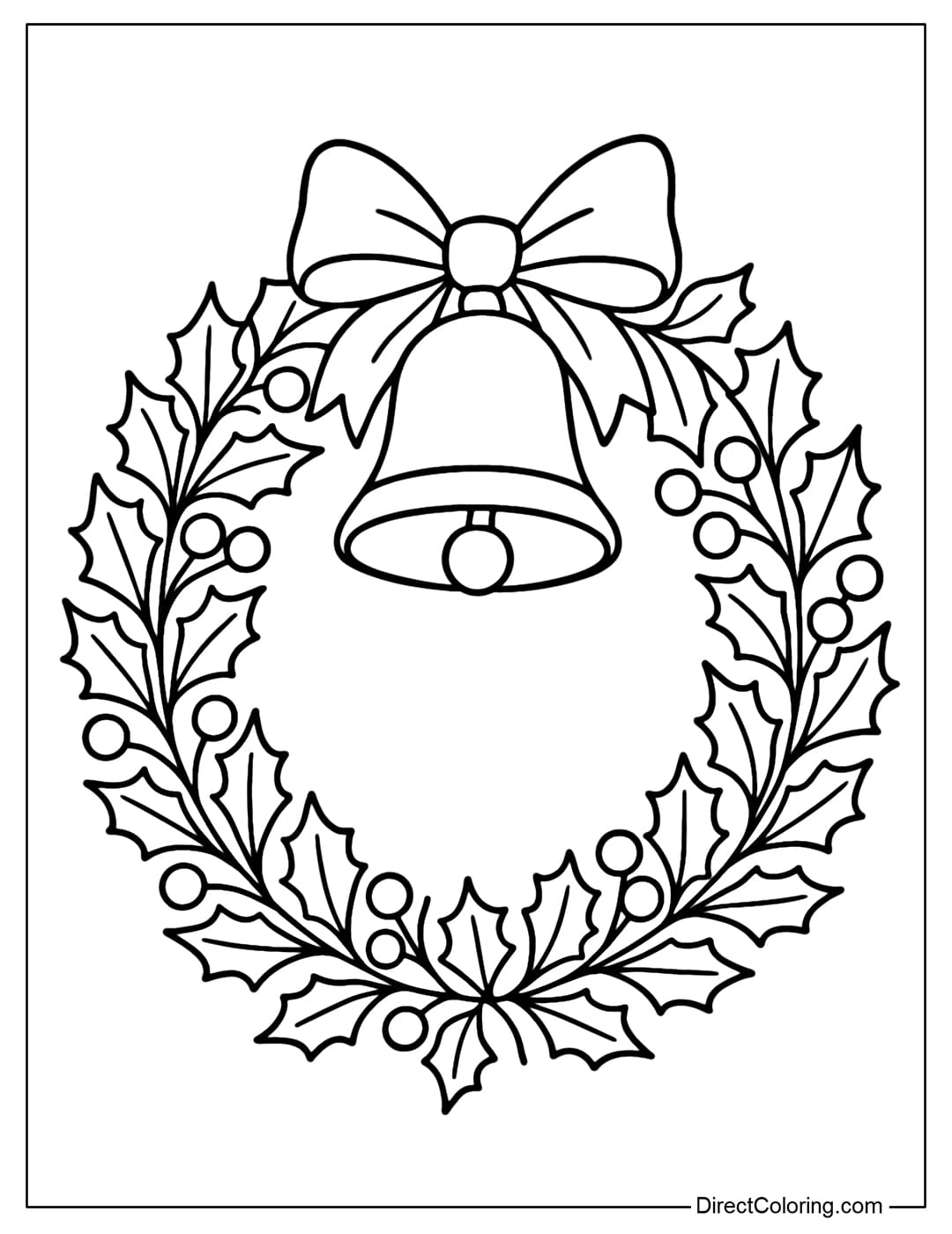 Holly Berry Bell Wreath Coloring Page The laurel wreath coloring page is made from holly leaves and red round berries, small leaves. At the top of the wreath is a large bell tied with a bow.