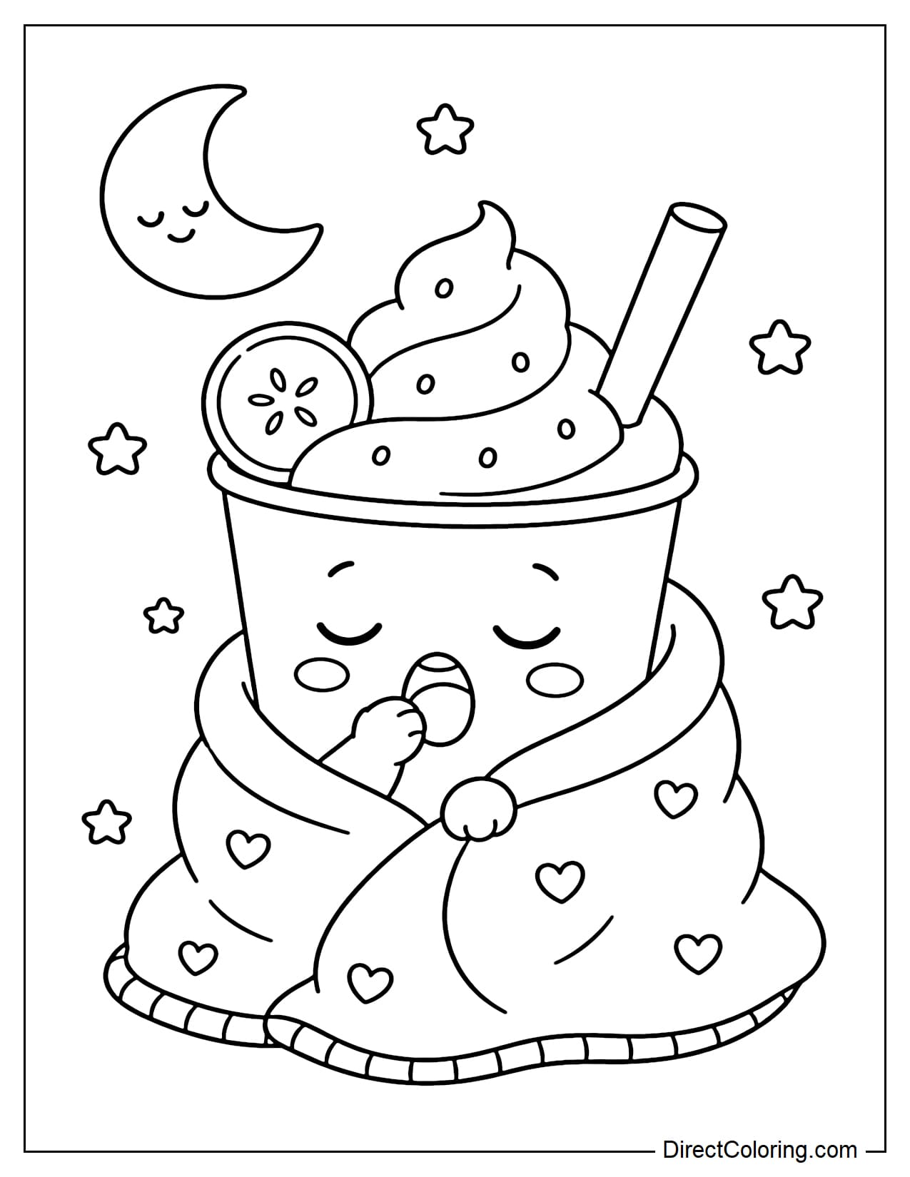 A cartoon smoothie cup wrapped in a cute little blanket and yawning, topped with a banana slice and soft cream. Surrounding it are a few small stars and a moon.