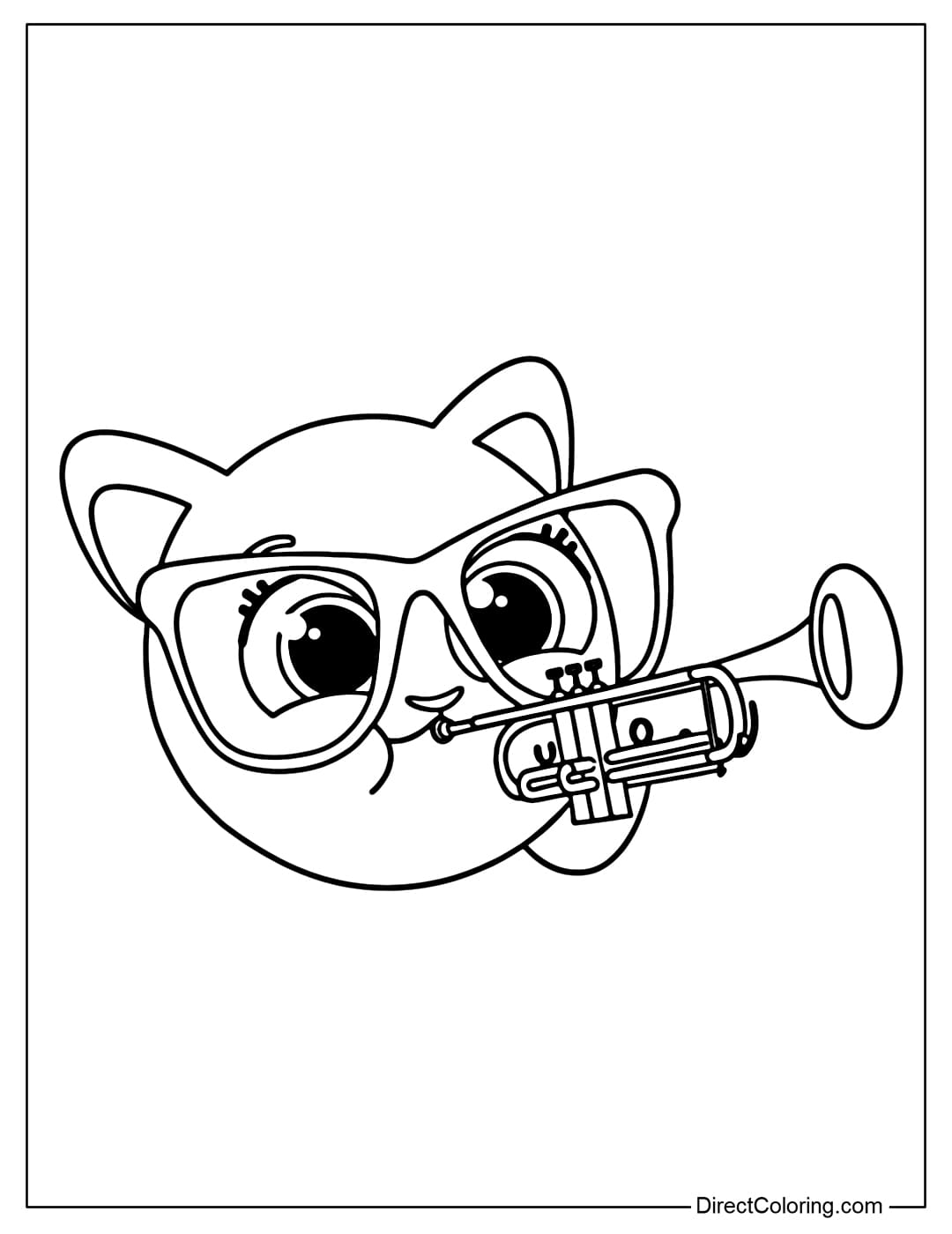 Coloring page of the cute Sophie cat with big eyes and purple glasses holding a silver trumpet.
